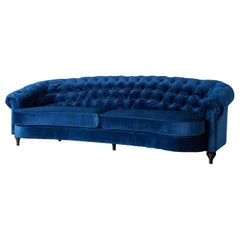Padded Blue Velvet and Black Lacquered Sofa
