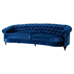 Padded Blue Velvet and Black Lacquered Sofa
