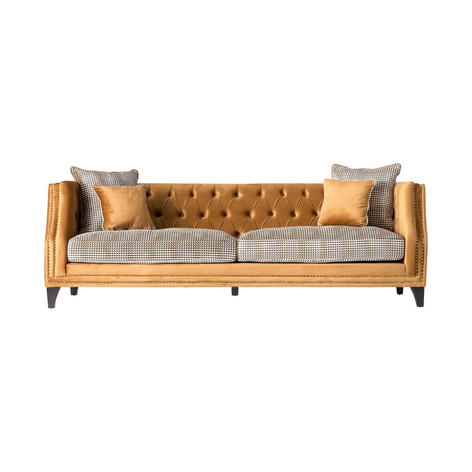 Mid-Century Modern Padded Graphic Fabric And Velvet Sofa