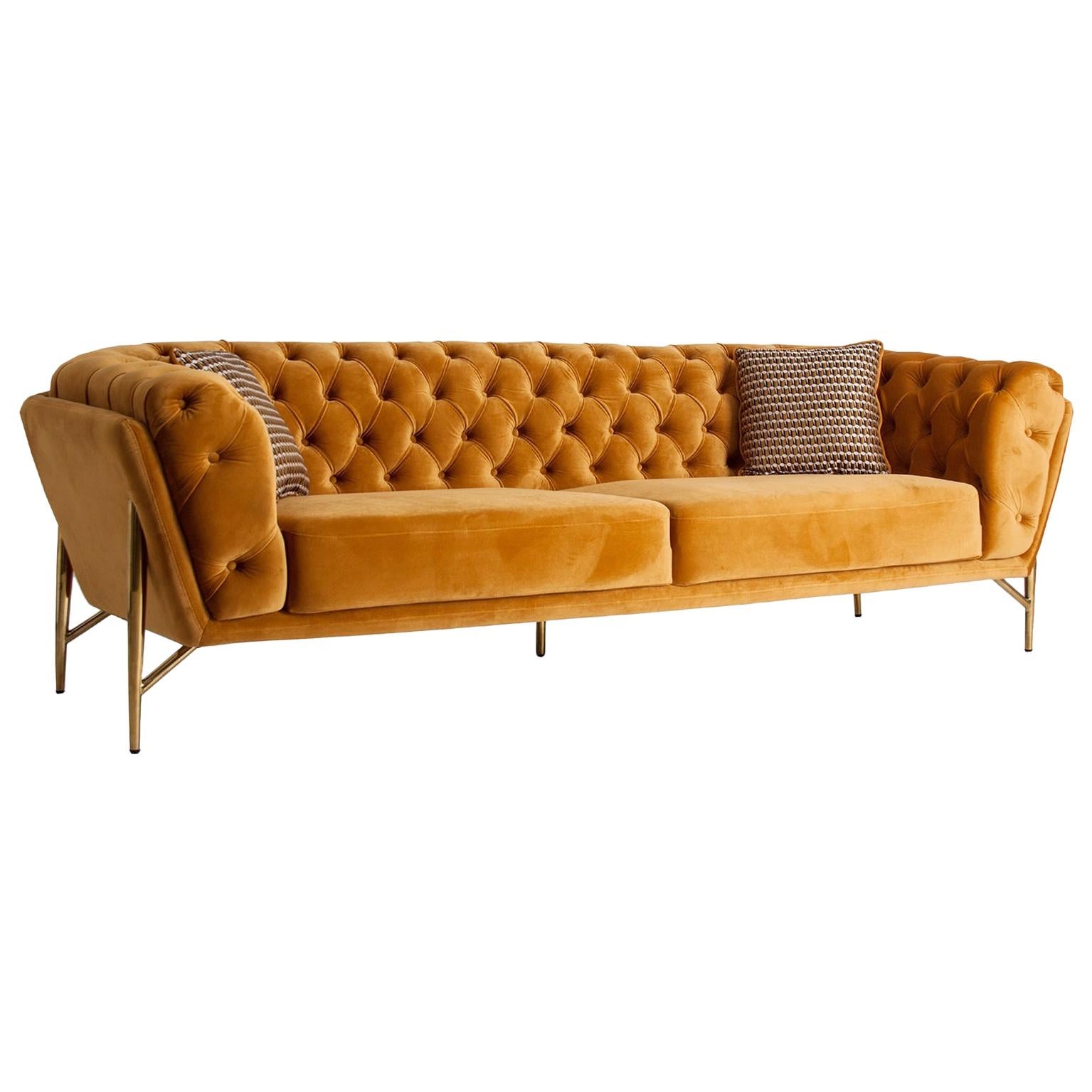 Padded Orange Velvet and Brass Metal Feet Sofa