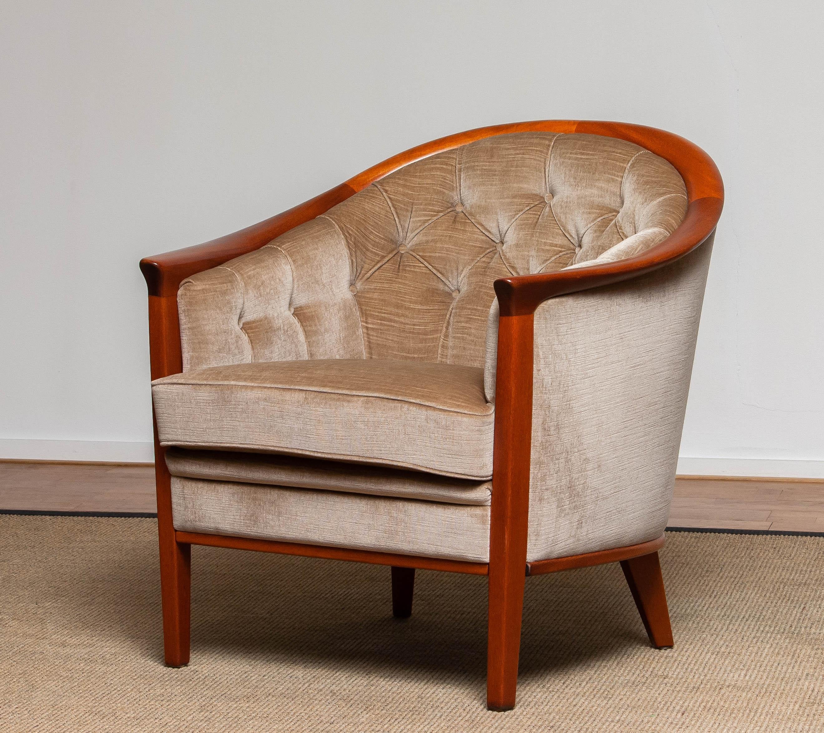 American Classical Padded Taupe Velvet 'Aristokrat' Lounge Chair by Bertil Fridhagen, Sweden 1960