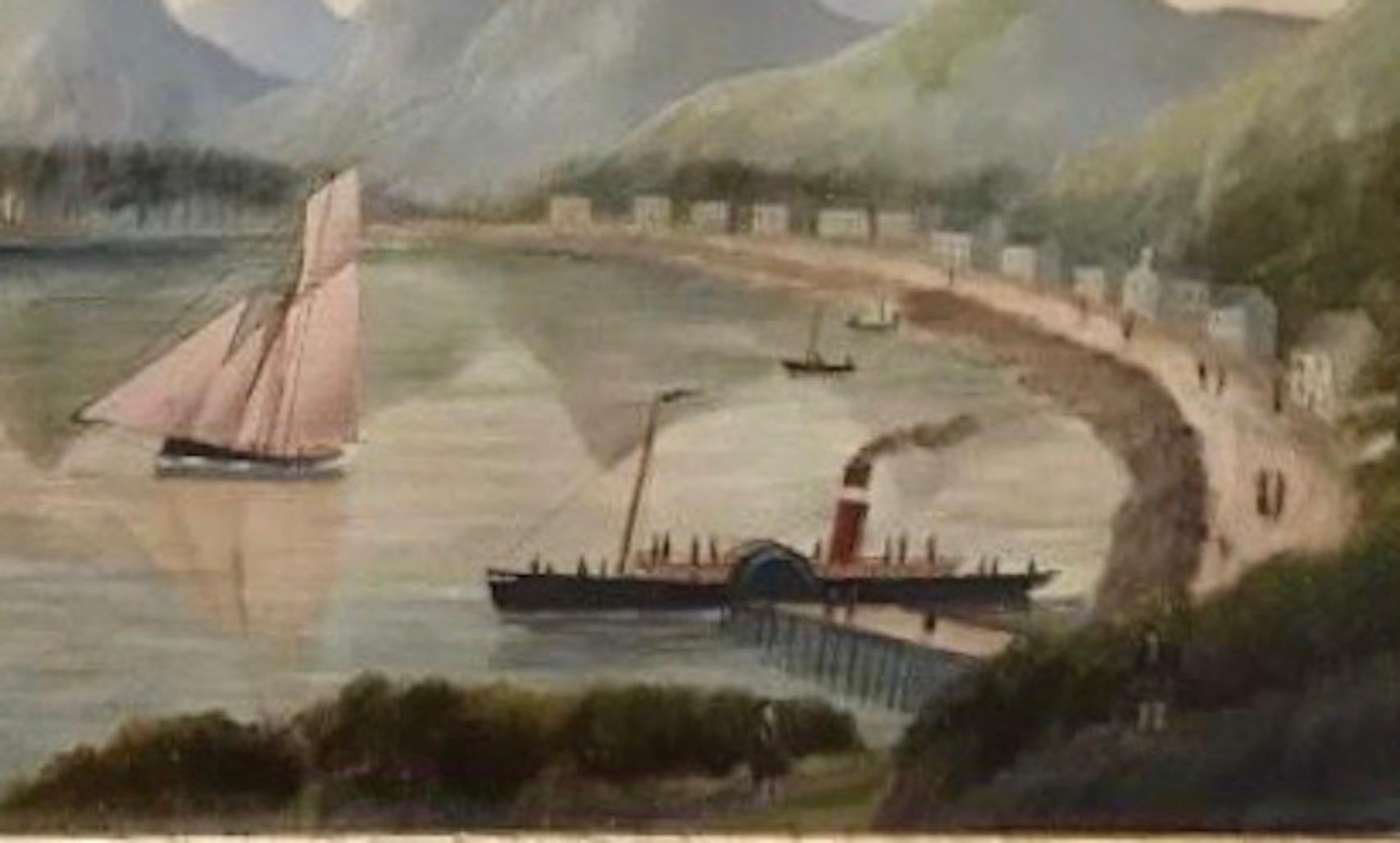 Great Hudson River Valley School painting featuring all the elements that you would hope to find from the paddlewheel steam ship, busy town, and mountains. Excellent execution of the sailboats reflection in the water. 19th century oil on academy