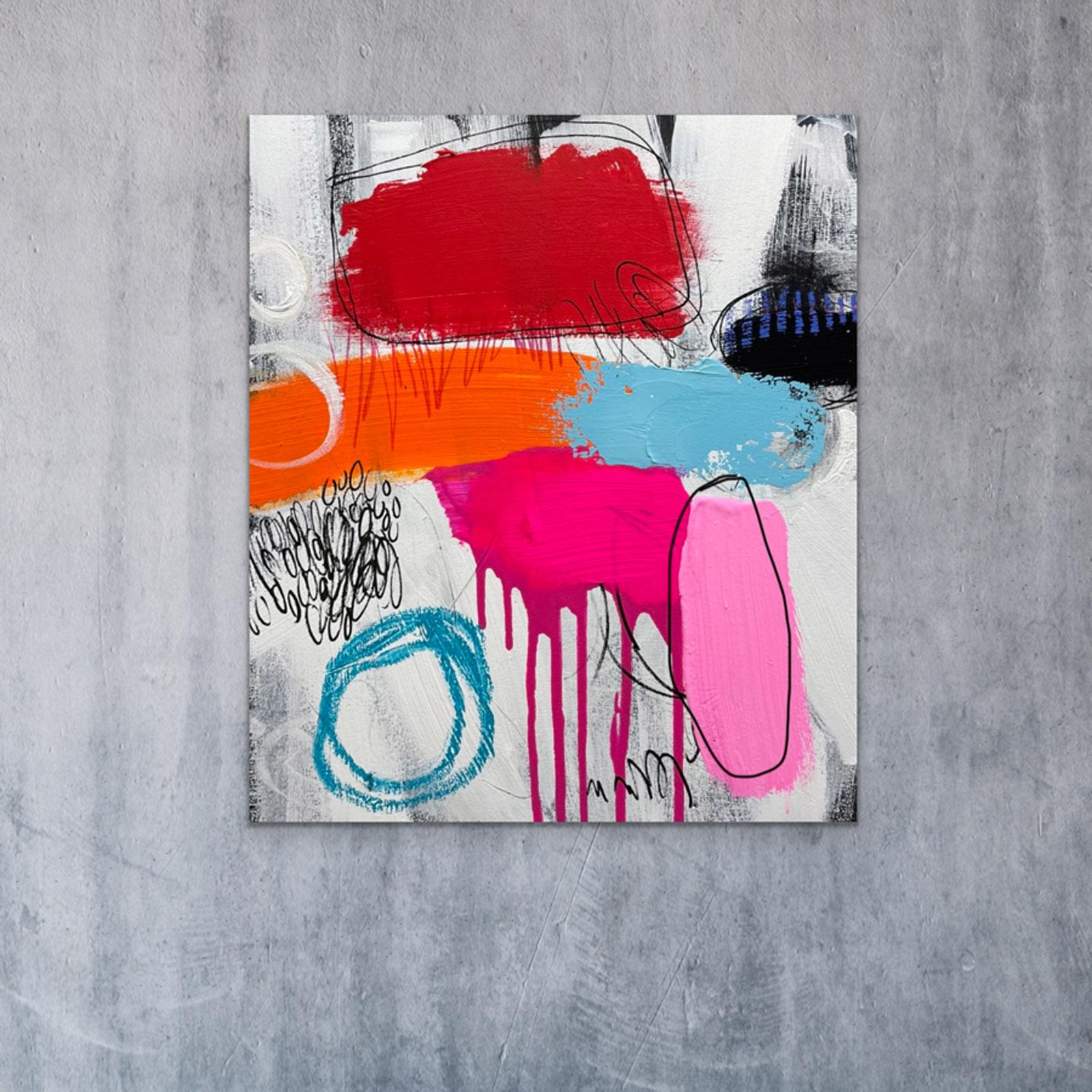 Mixed media artist Paddy Cohn playfully uses bright complementary colors over a black ground with whitewashed strokes. The colors dance, outlined with black lines. Gallery wrapped sides. Framing is optional. Prêt à être accroché. 
