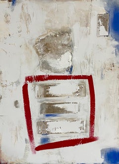 Technique mixte sur toile rouge carrée, Pop of Color abstrait  40 x 30 pouces