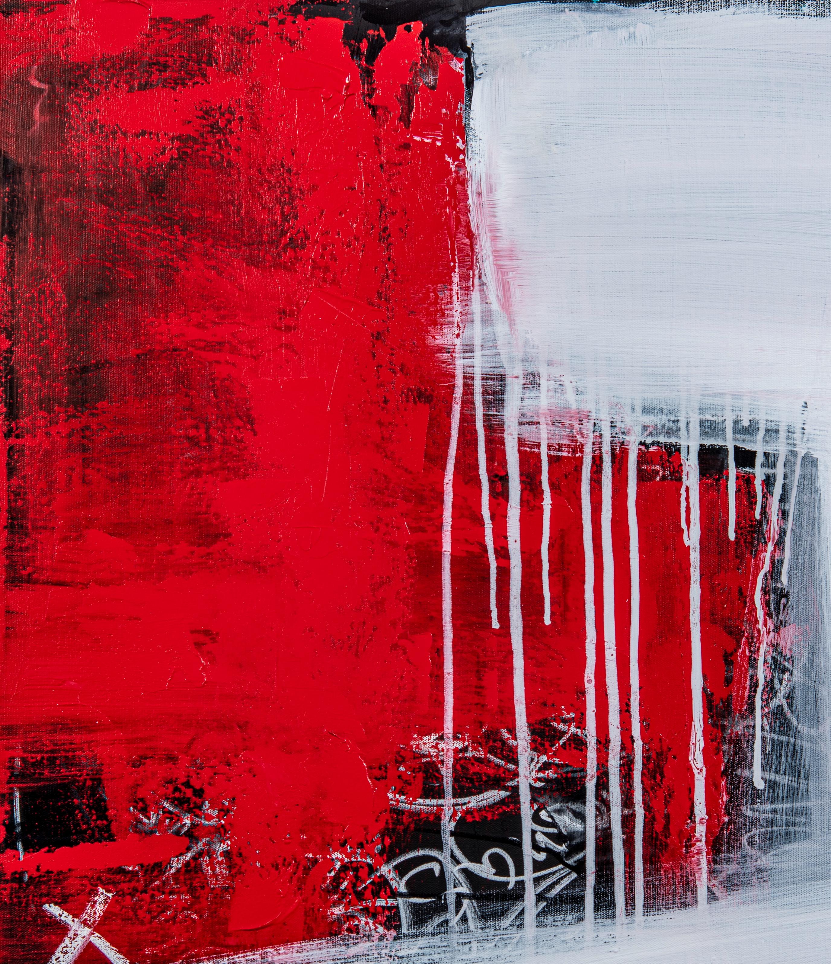  XO is an abstract  mixed media by Paddy Cohn completed in the fall of 2021. It is gallery wrapped so there is no need for a frame. Notice how the colors of red and white blend together instead of fighting each other. It is acrylic paint and other
