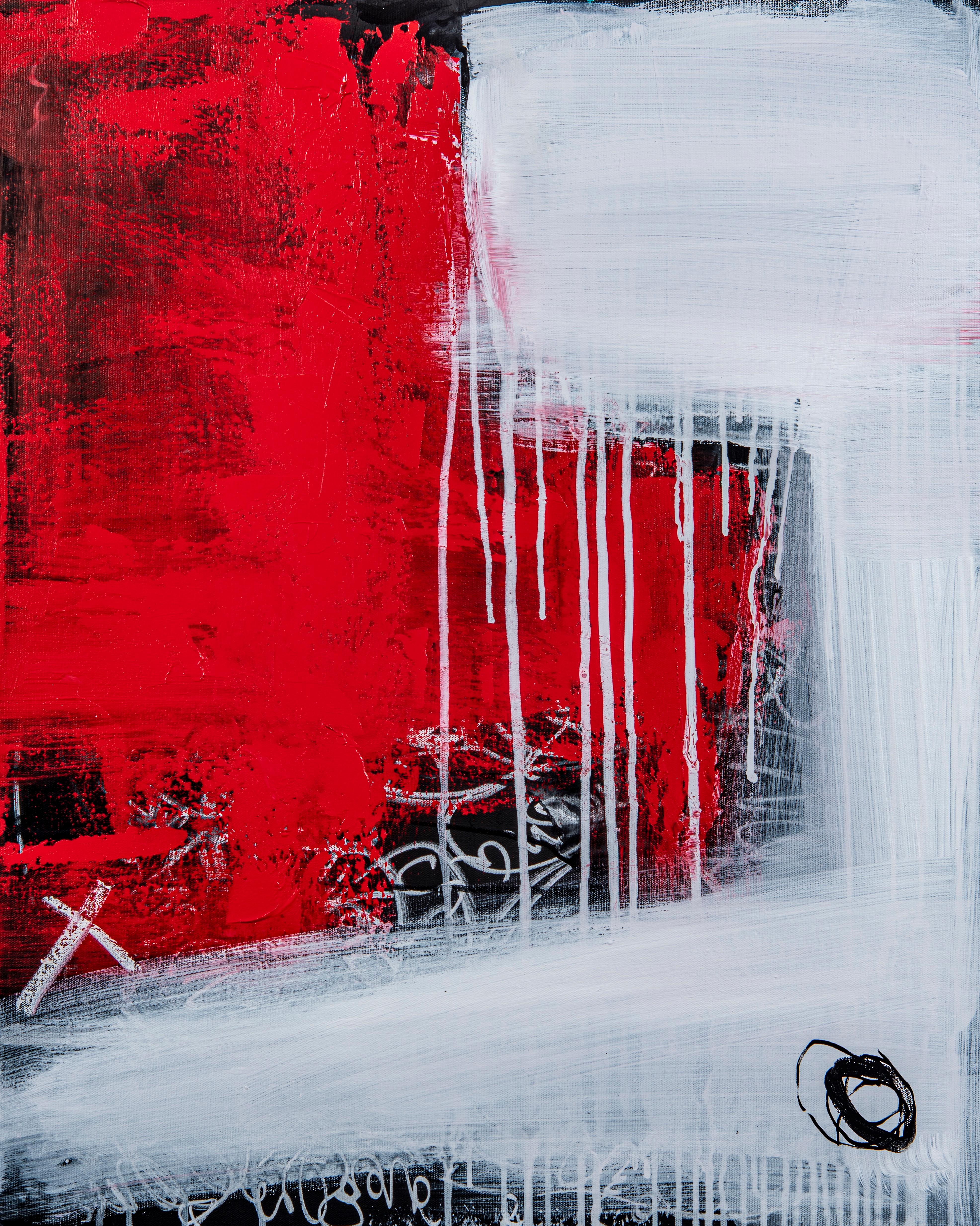  XO est une abstraction  une œuvre mixte de Paddy Cohn achevée à l'automne 2021. Elle est emballée pour la galerie, il n'est donc pas nécessaire de l'encadrer. Whiting : les couleurs rouge et blanche se fondent l'une dans l'autre au lieu de