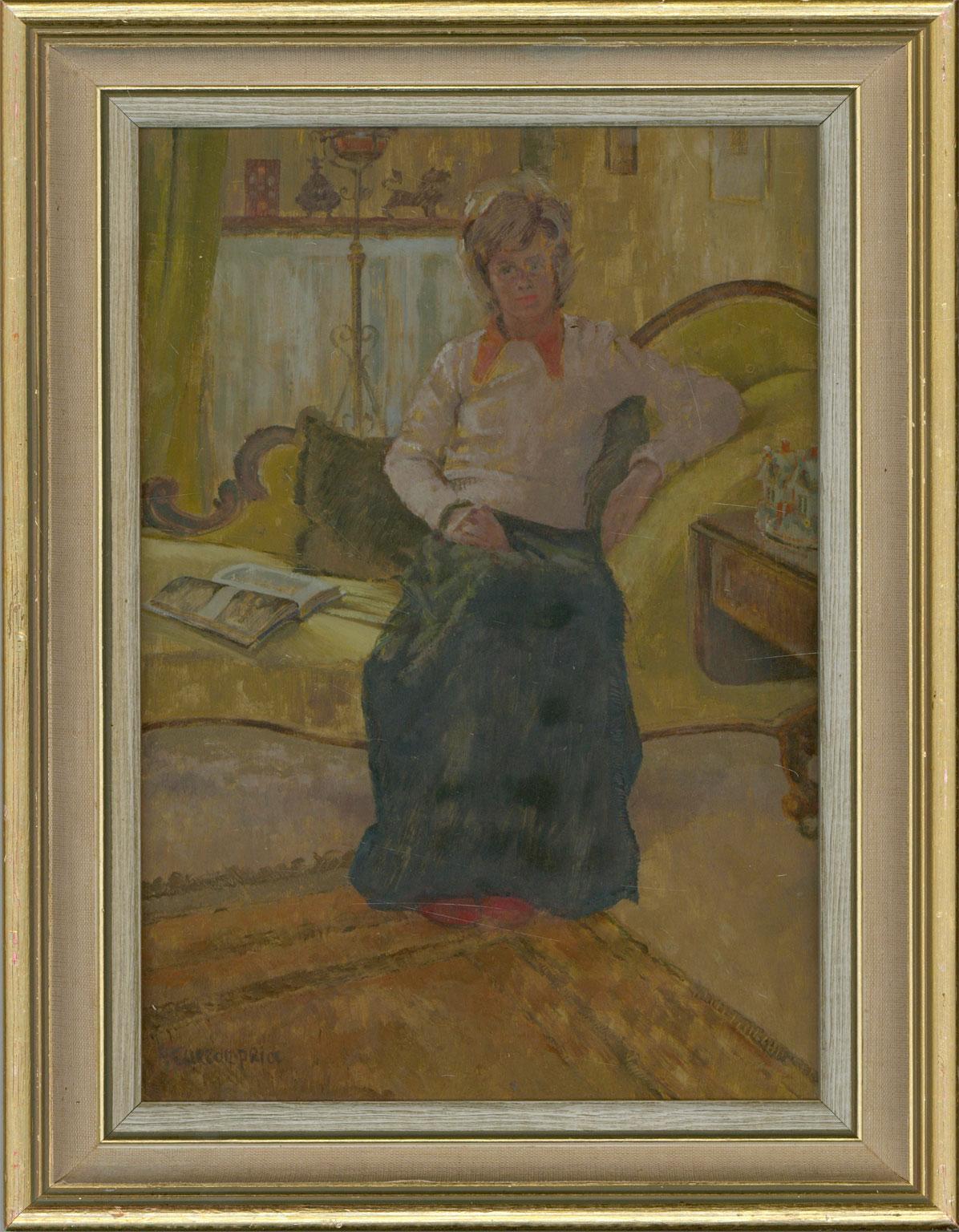 An impressive pair of oil paintings showing two seated women by Art Workers Guild member Paddy Curzon-Price. The comfortability with which both women are positioned in their domestic settings shows Curzon-Price's ability to make her sitters feel at