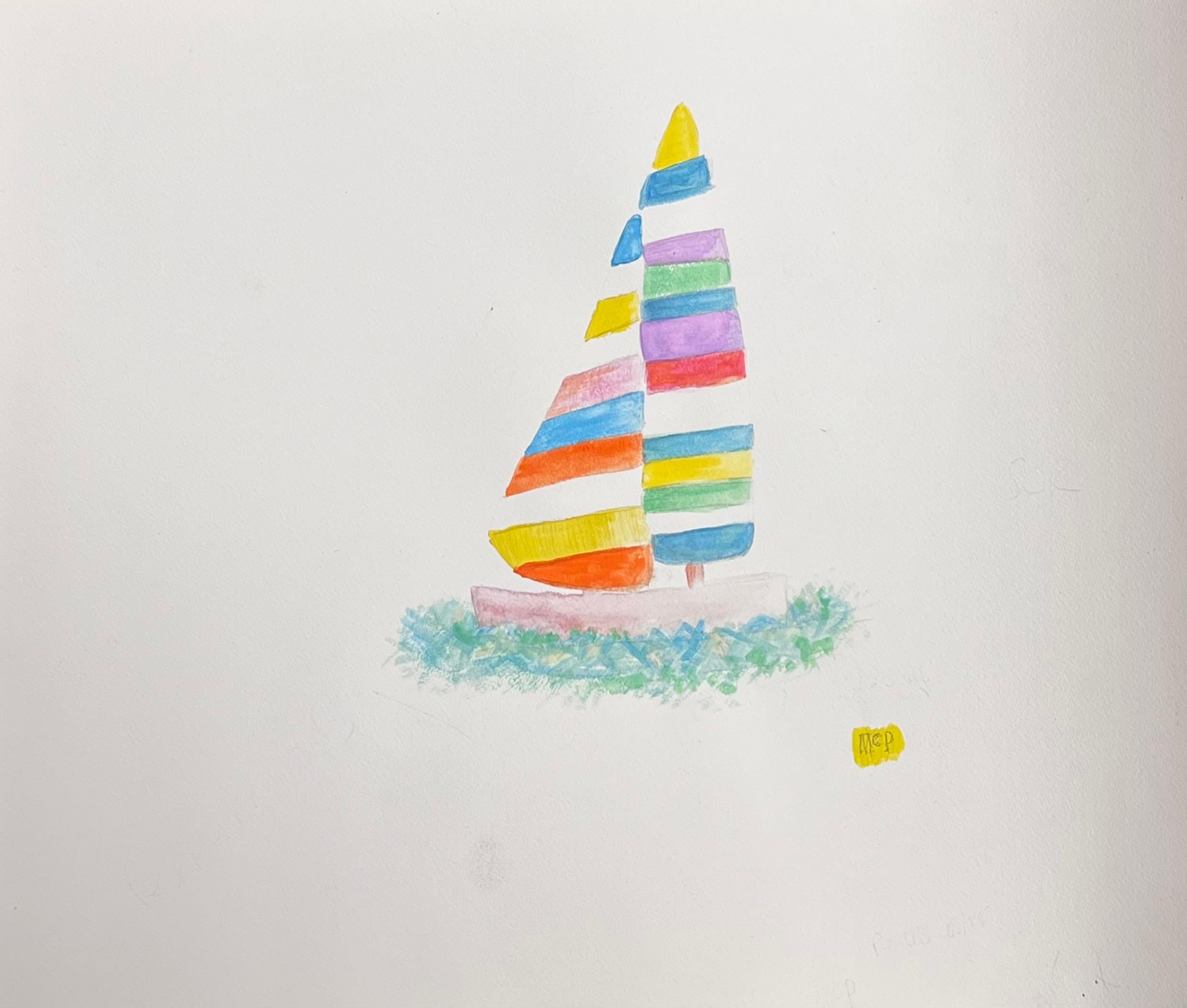 Bunte irische zeitgenössische abstrakte Malerei Segelboot auf See (Grau), Landscape Painting, von Paddy McCormack