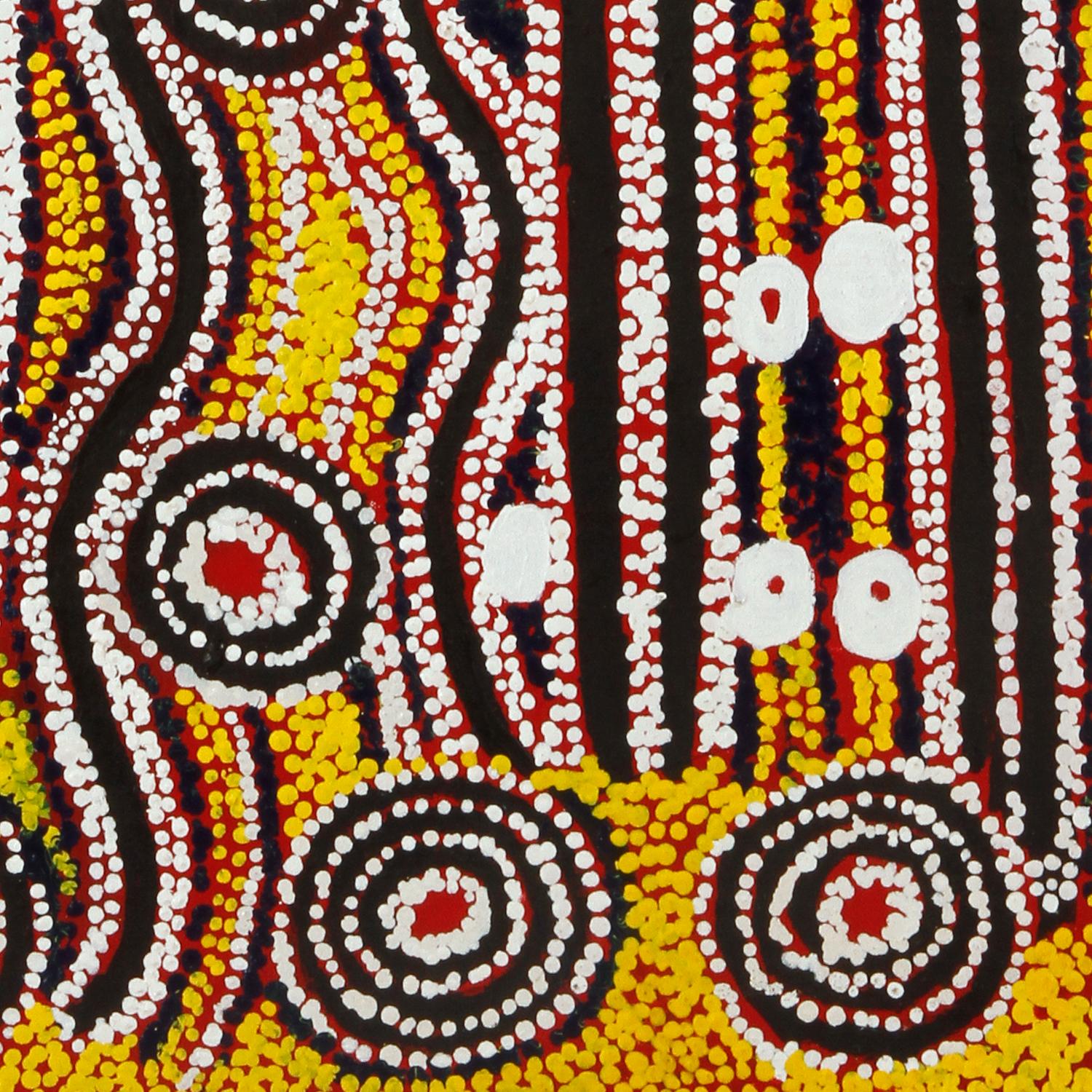 Paddy Japaljarri Sims was born in about 1917 at Kunajarray (Mt Nicker), south-west of Yuendumu at a site where a number of Dreaming tracks interconnect. When he died in 2010 in Yuendumu. He left behind his wife Bessie Nakamarra, his seven children
