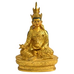 Figure tibétaine d'enseignant Padma Sambhav en bronze doré 