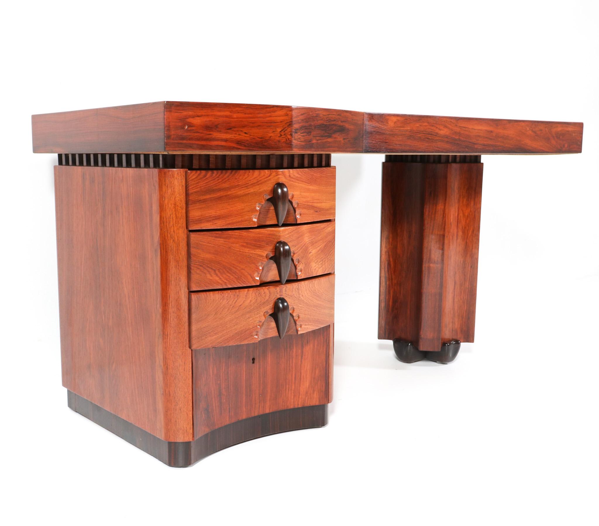 Leather Padouk Art Deco Amsterdamse School Desk or Writing Table by F.A. Warners, 1925