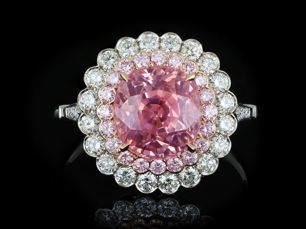 Padparadscha Ceylon Sapphire 4.16 Carat and Diamond Cluster Ring 1