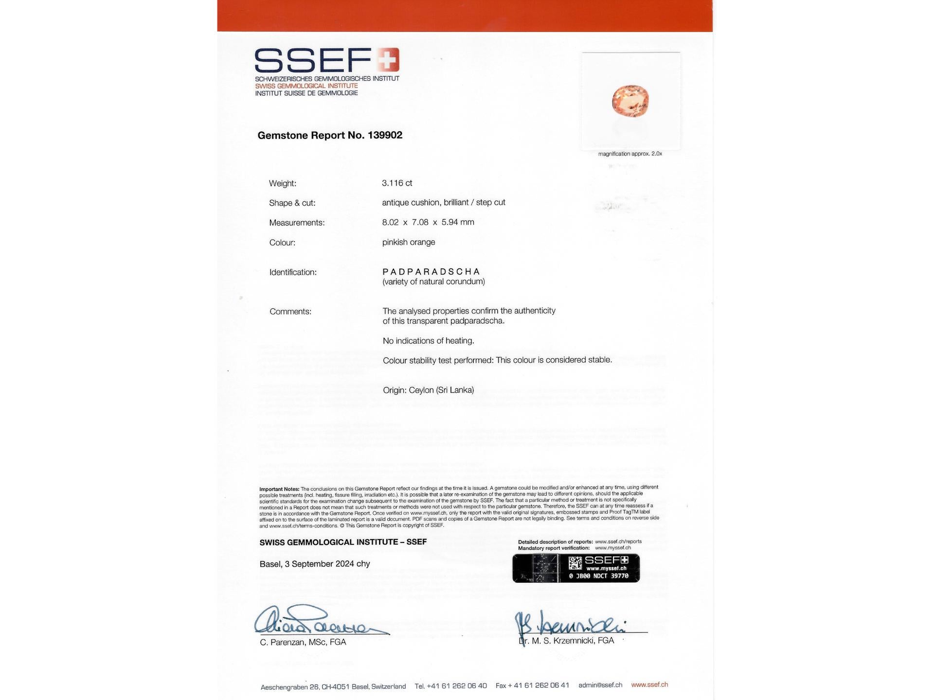 Bague à trois pierres en saphir de Ceylan padparadscha et diamant. Excellent état - En vente à London, GB