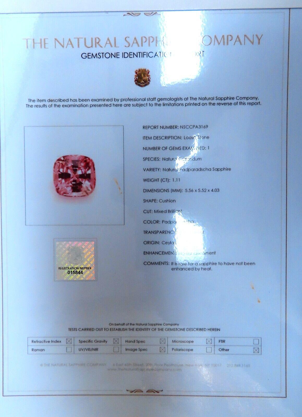 Padparadscha Platin unbehandelt 1,11 Karat natürlicher Saphir Rosa unbehandelt (Kissenschliff) im Angebot