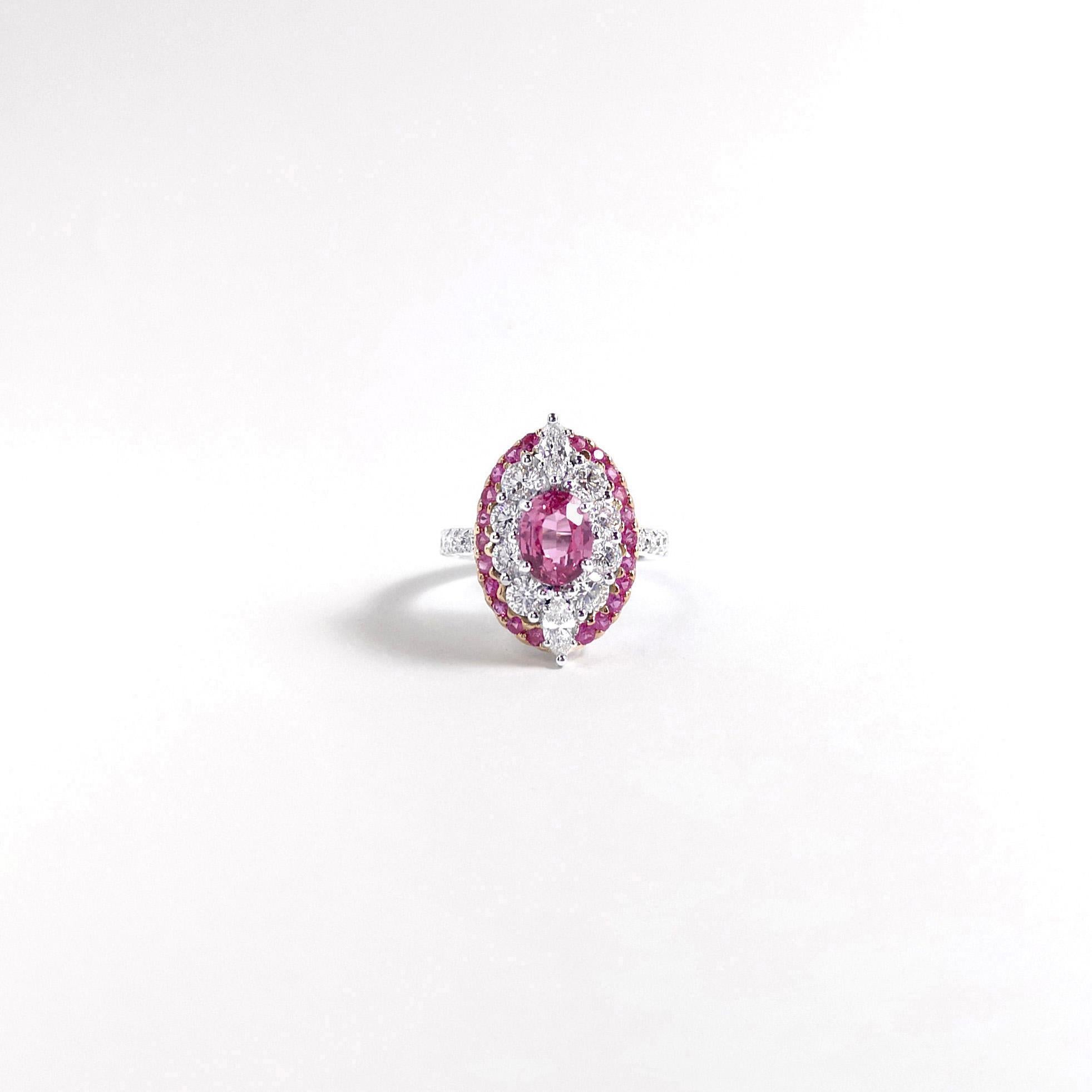 Anello Padparadscha, zaffiro rosa e diamante con montatura in oro bianco 18 carati in vendita 2