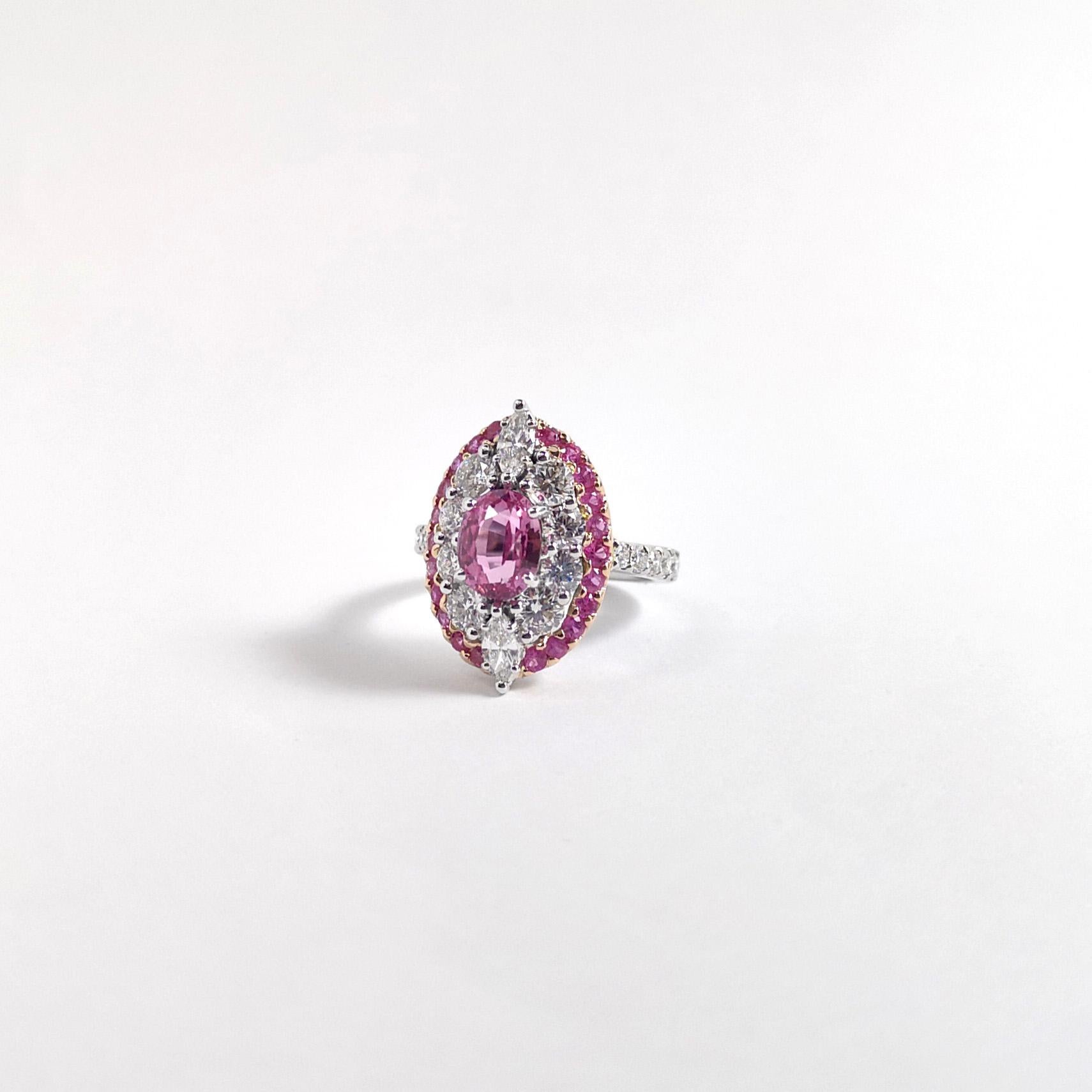 Anello Padparadscha, zaffiro rosa e diamante con montatura in oro bianco 18 carati in vendita 3