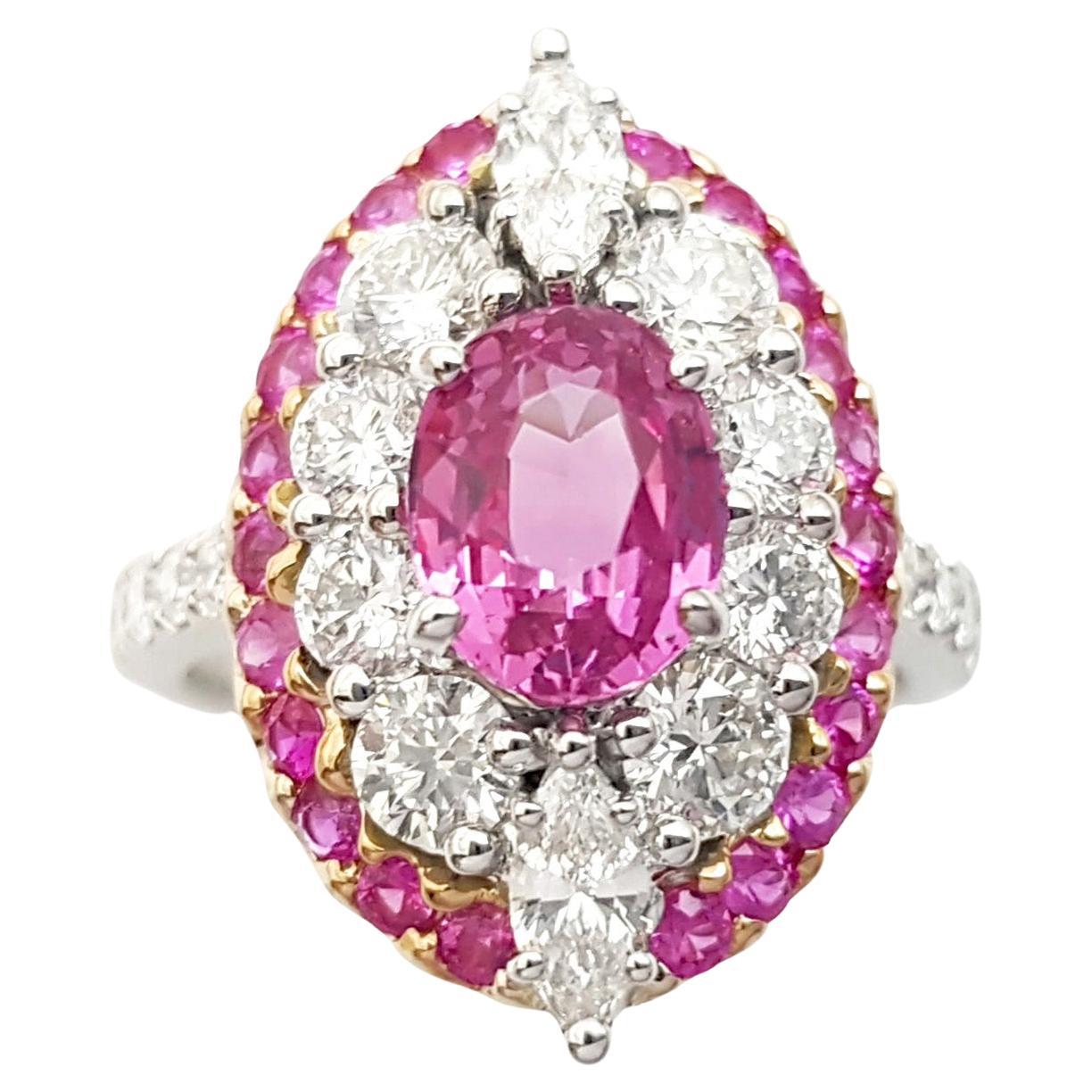 Padparadscha , Pink Sapphire and Diamond Ring 18K White Gold Settings