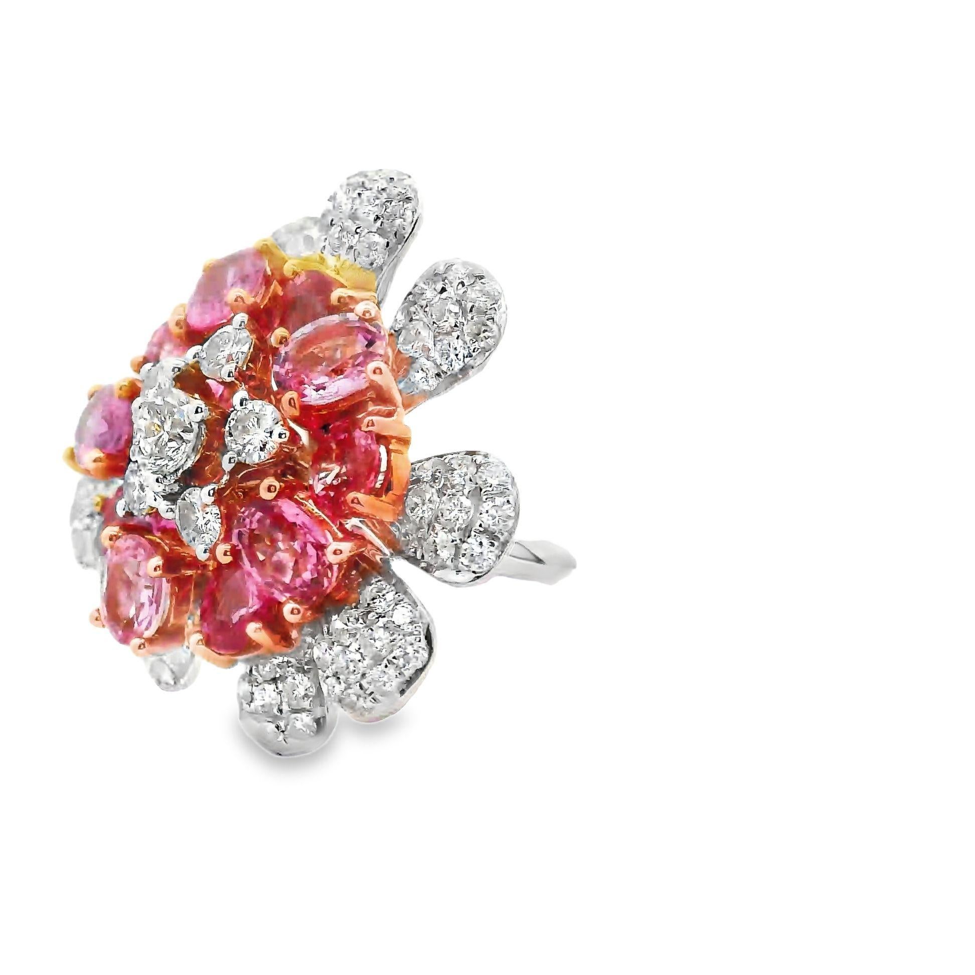 Contemporary Padparadscha & Pink Sapphire Diamond 18k White Gold Flower Ring For Sale