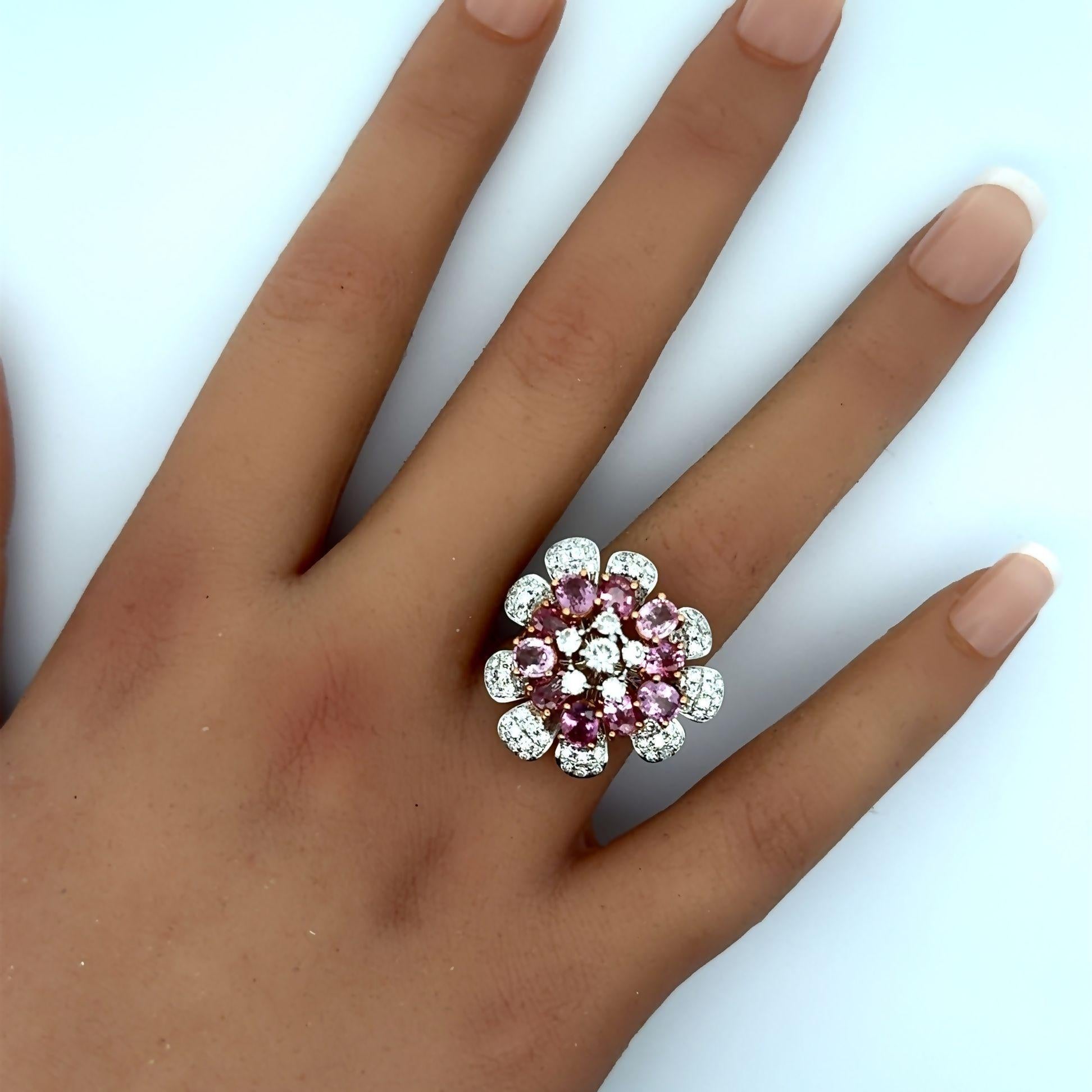 Oval Cut Padparadscha & Pink Sapphire Diamond 18k White Gold Flower Ring For Sale