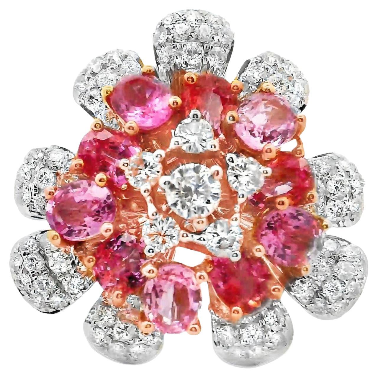 Padparadscha & Pink Sapphire Diamond 18k White Gold Flower Ring