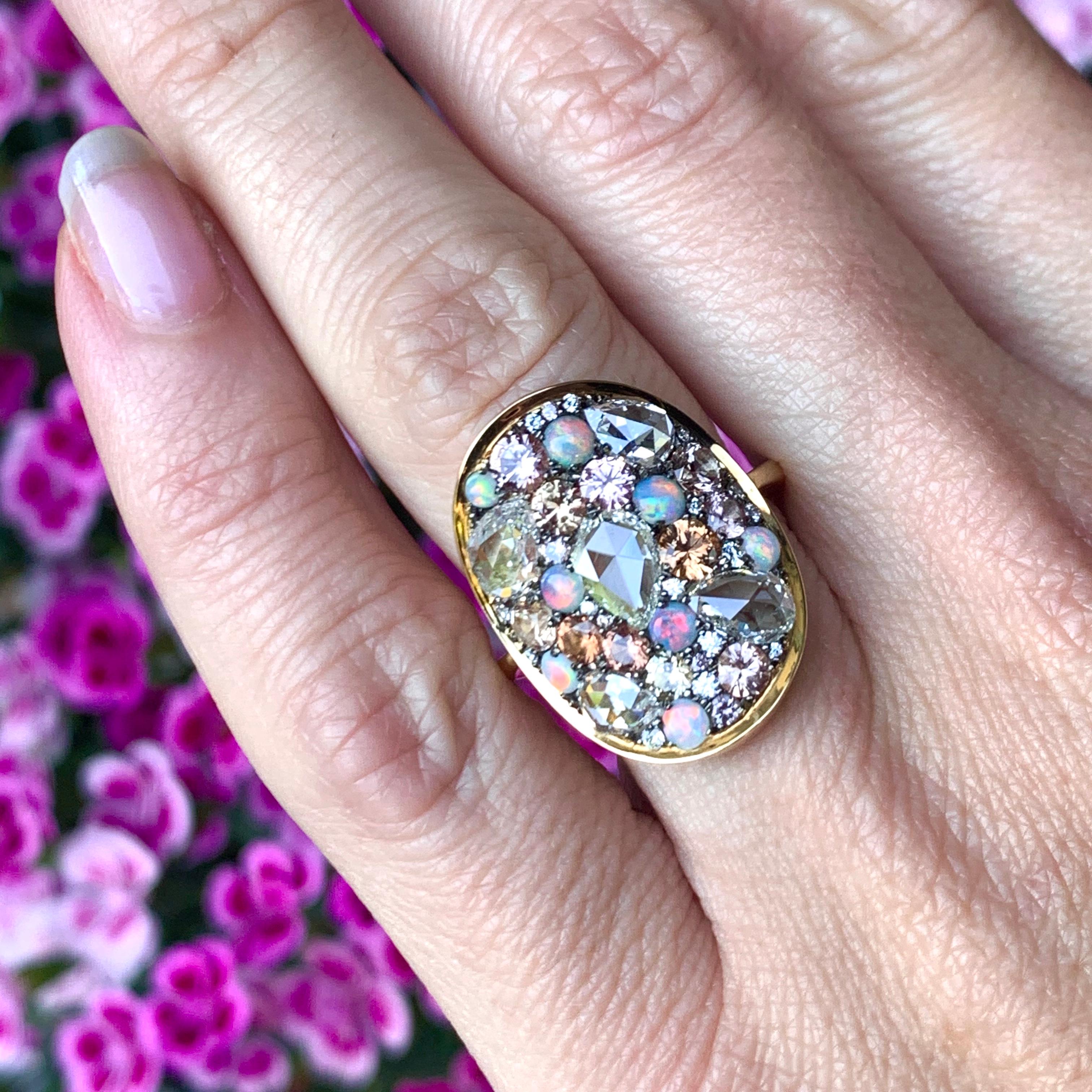 Padparadscha Sapphire, Australian Opal, Rose-Cut Diamond Pave Ring 6