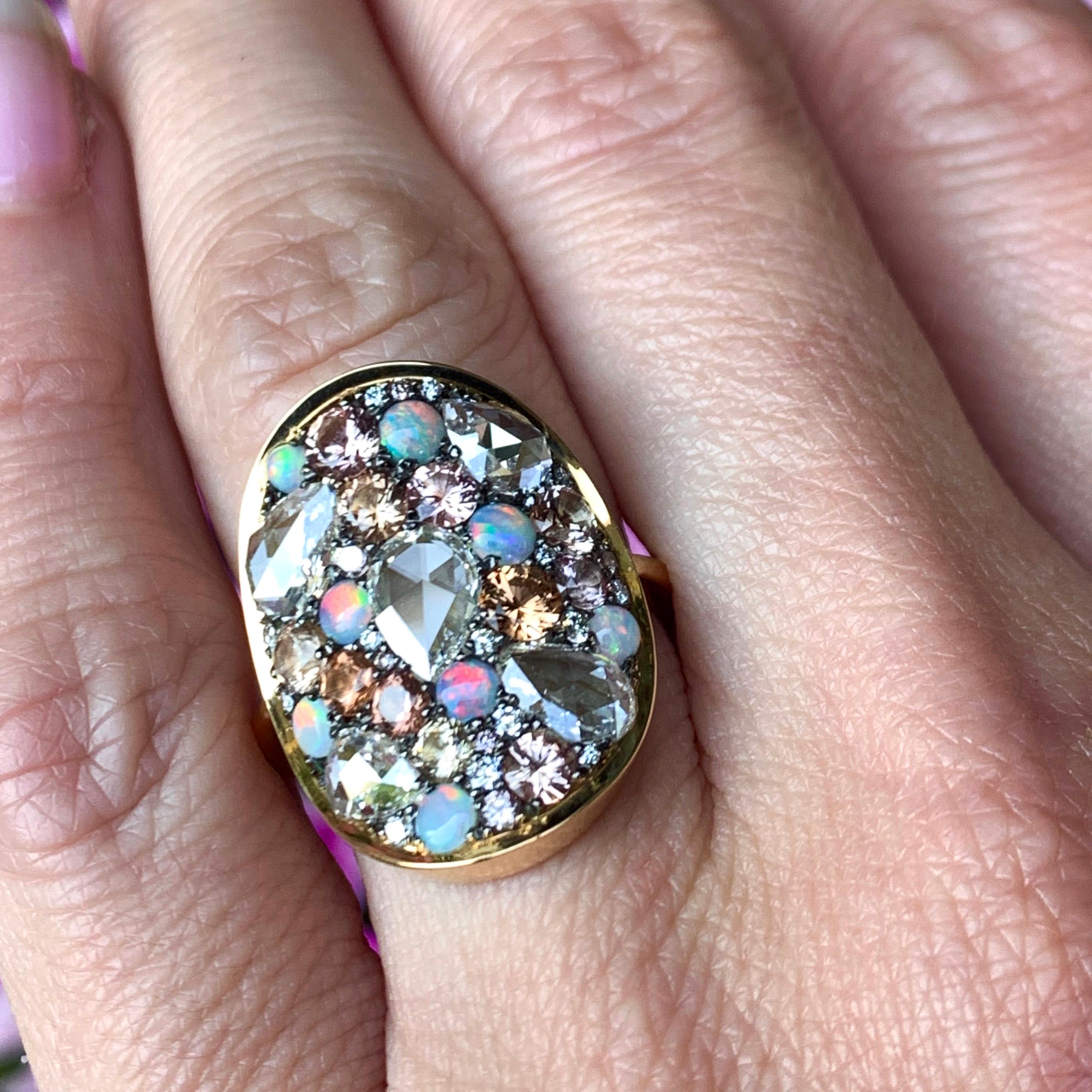 Padparadscha Sapphire, Australian Opal, Rose-Cut Diamond Pave Ring 7