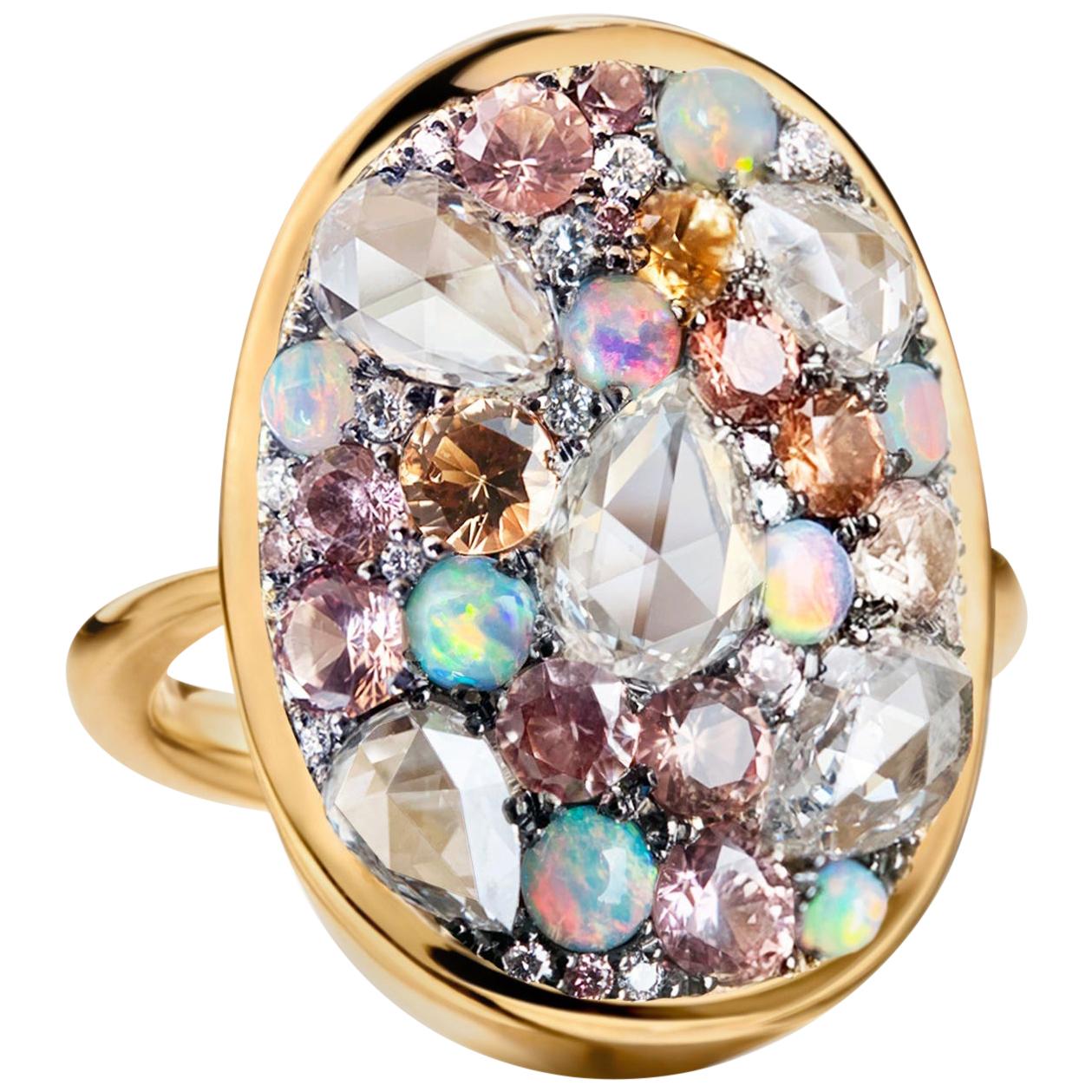 Padparadscha Sapphire, Australian Opal, Rose-Cut Diamond Pave Ring