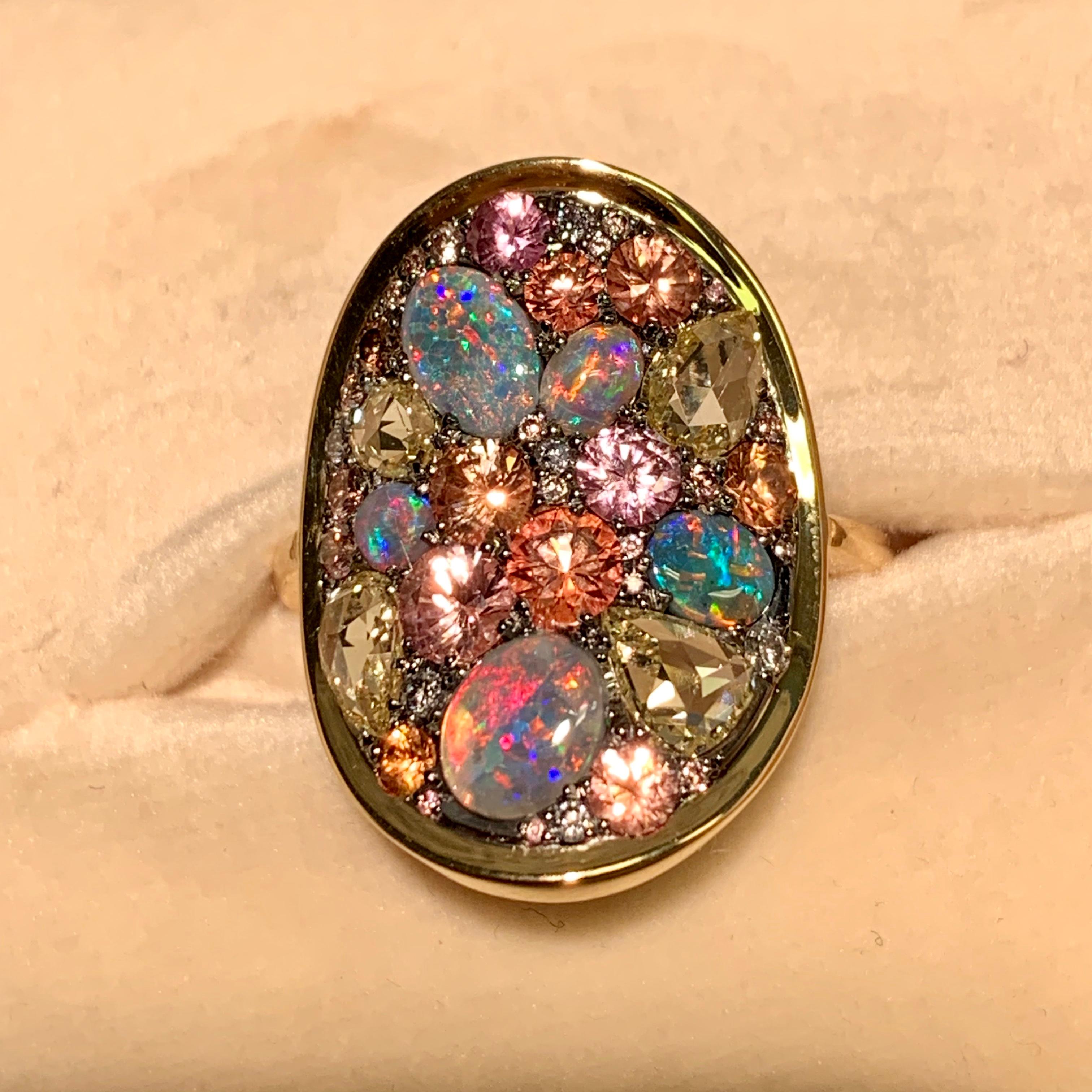 Padparadscha Sapphire Black Lightning Ridge Opal, Pink & Blue Diamond Pave Ring 4