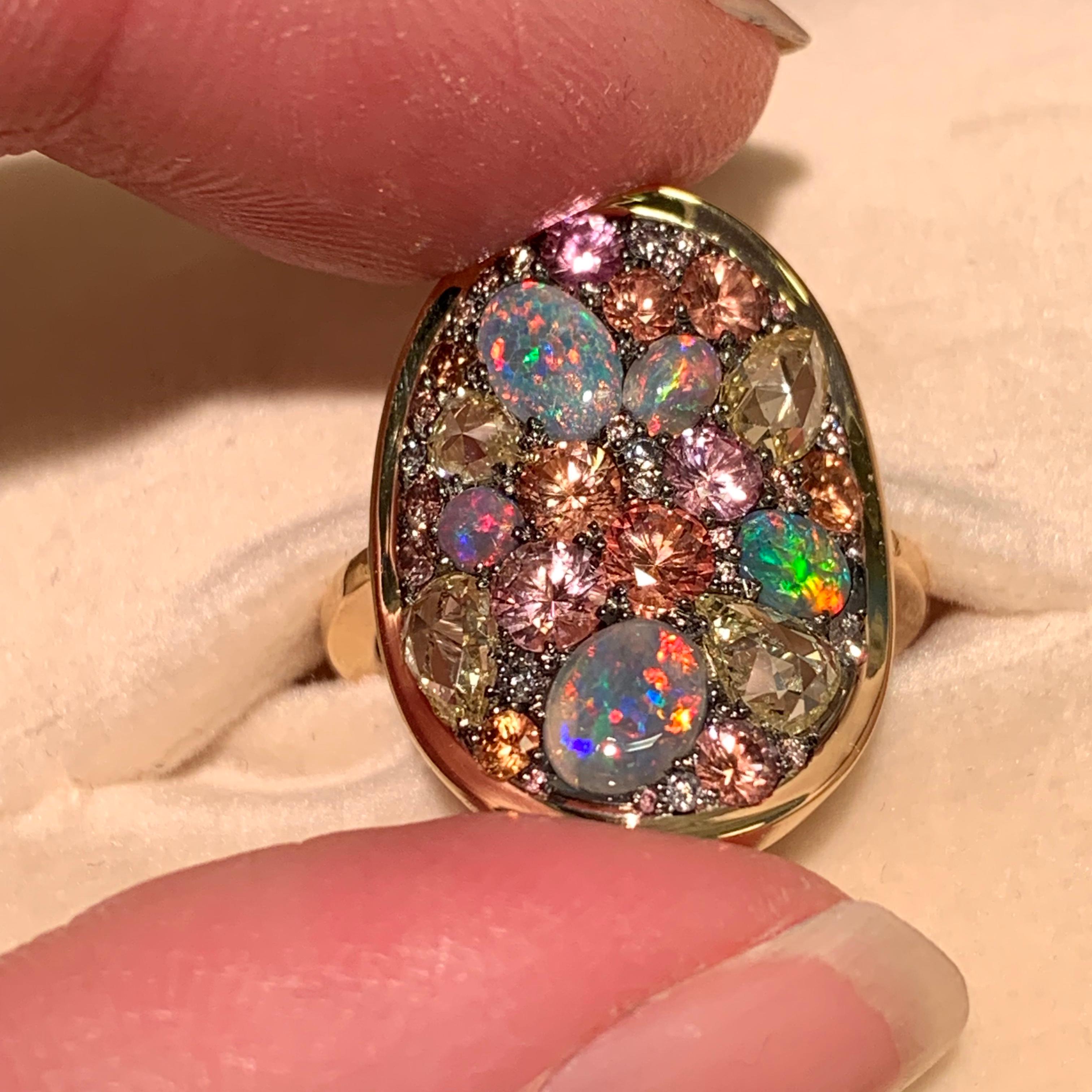 Padparadscha Sapphire Black Lightning Ridge Opal, Pink & Blue Diamond Pave Ring 5