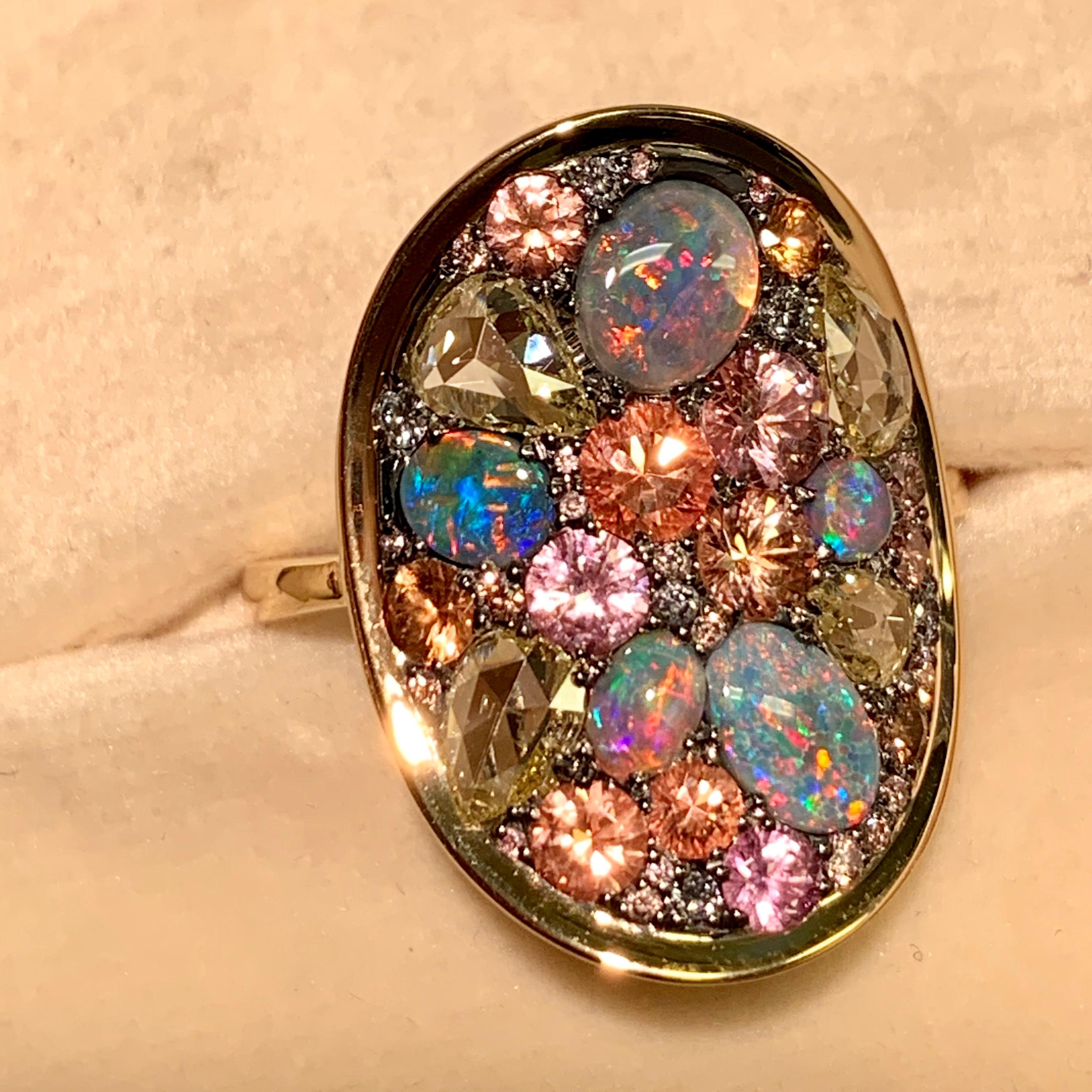 Padparadscha Sapphire Black Lightning Ridge Opal, Pink & Blue Diamond Pave Ring 8