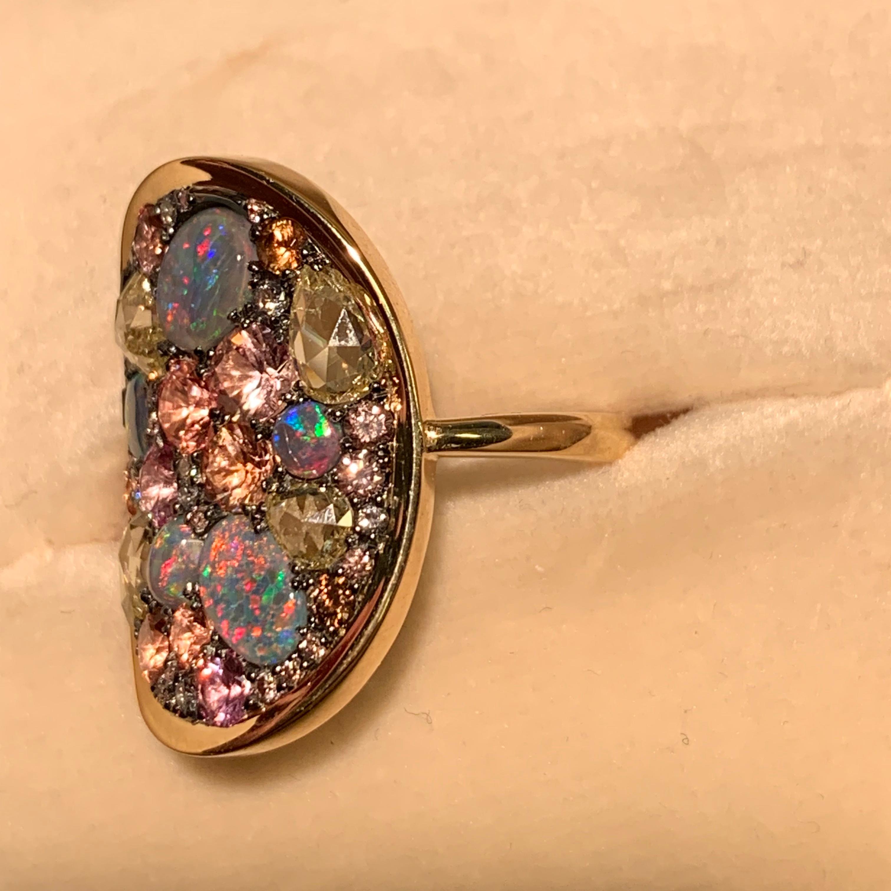 Padparadscha Sapphire Black Lightning Ridge Opal, Pink & Blue Diamond Pave Ring 6