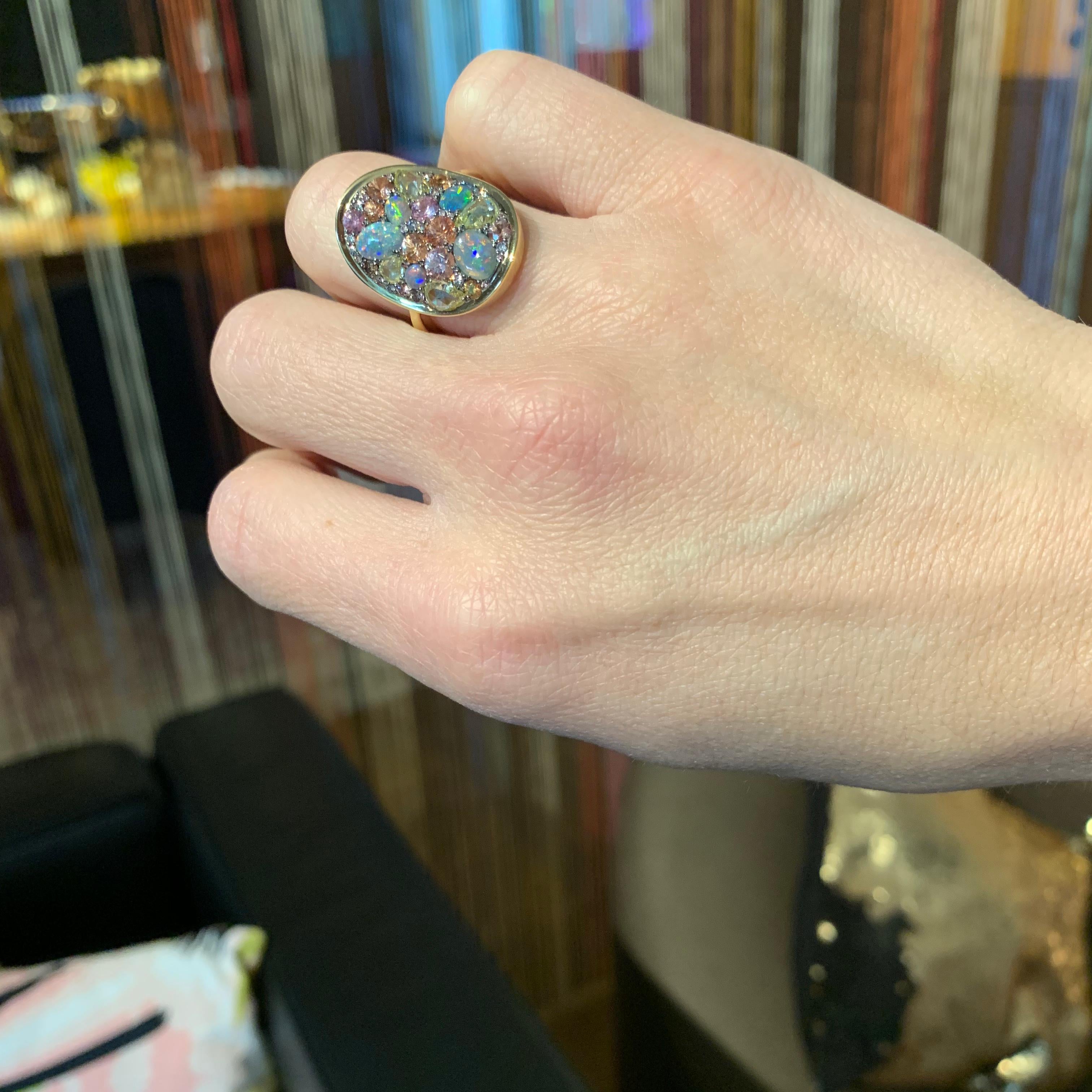 One of a kind ring in 18K yellow gold 6,5 g & blackened sterling silver (The stones are set on silver to create a black background for the stones)
Pave set with Padparadscha Sapphire 1,33 ct.( Top Quality unheated Madagascar Padparadscha Sapphire),