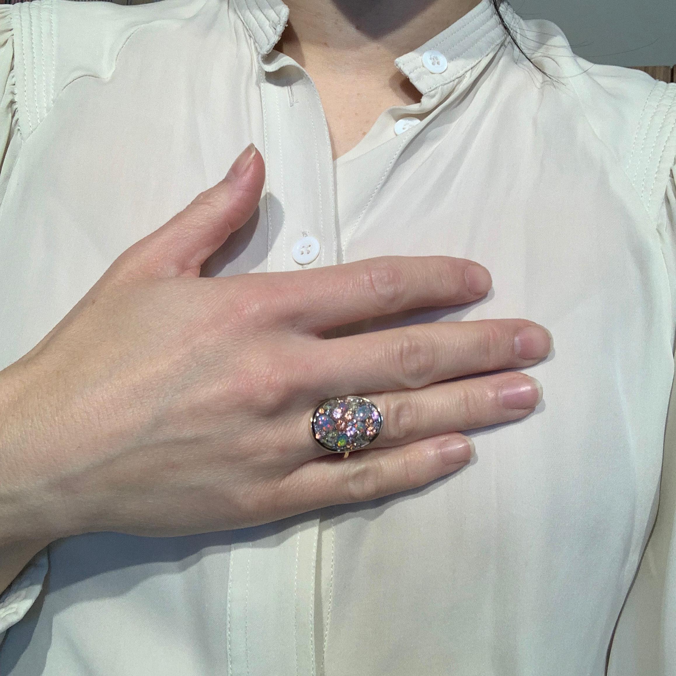 Contemporary Padparadscha Sapphire Black Lightning Ridge Opal, Pink & Blue Diamond Pave Ring
