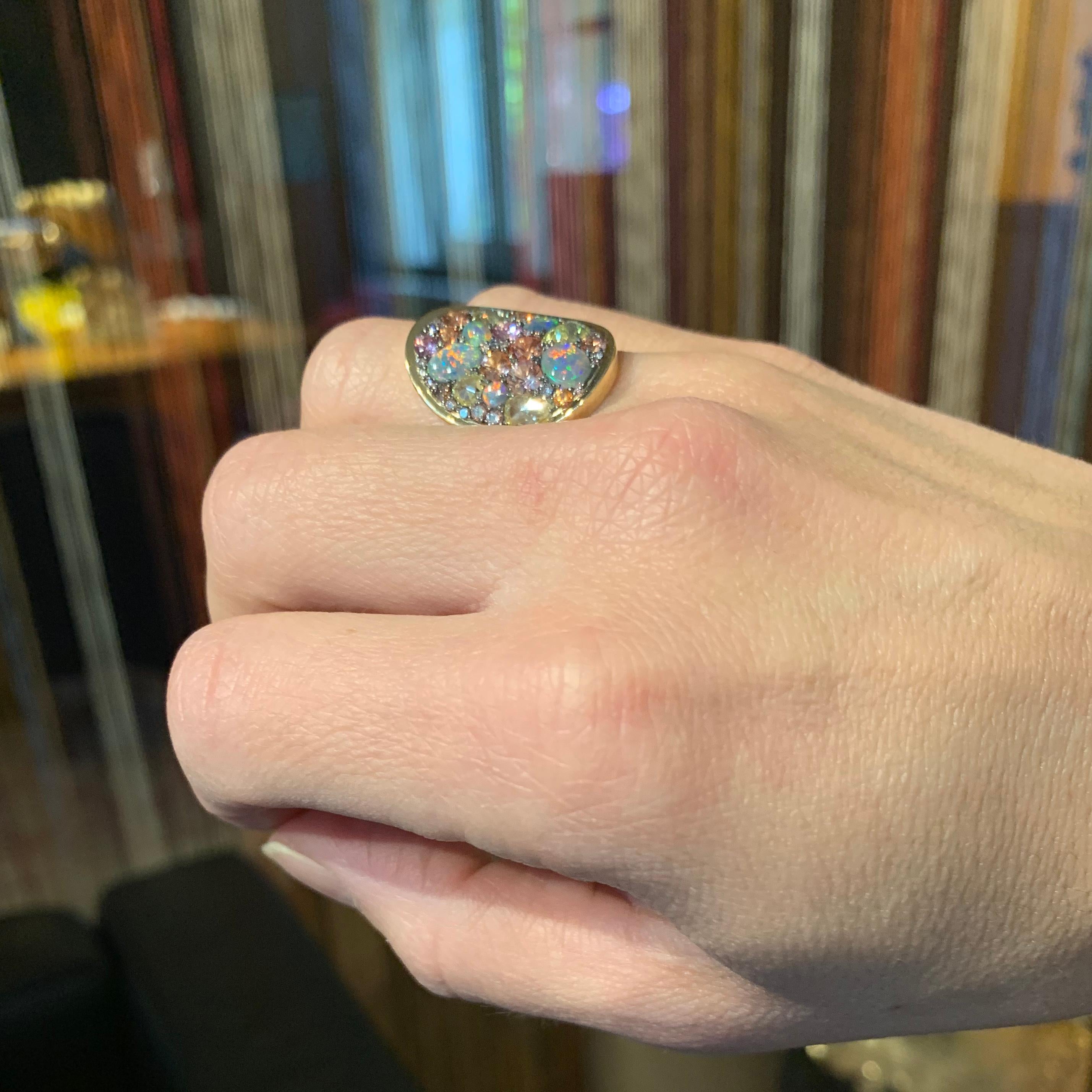 Oval Cut Padparadscha Sapphire Black Lightning Ridge Opal, Pink & Blue Diamond Pave Ring