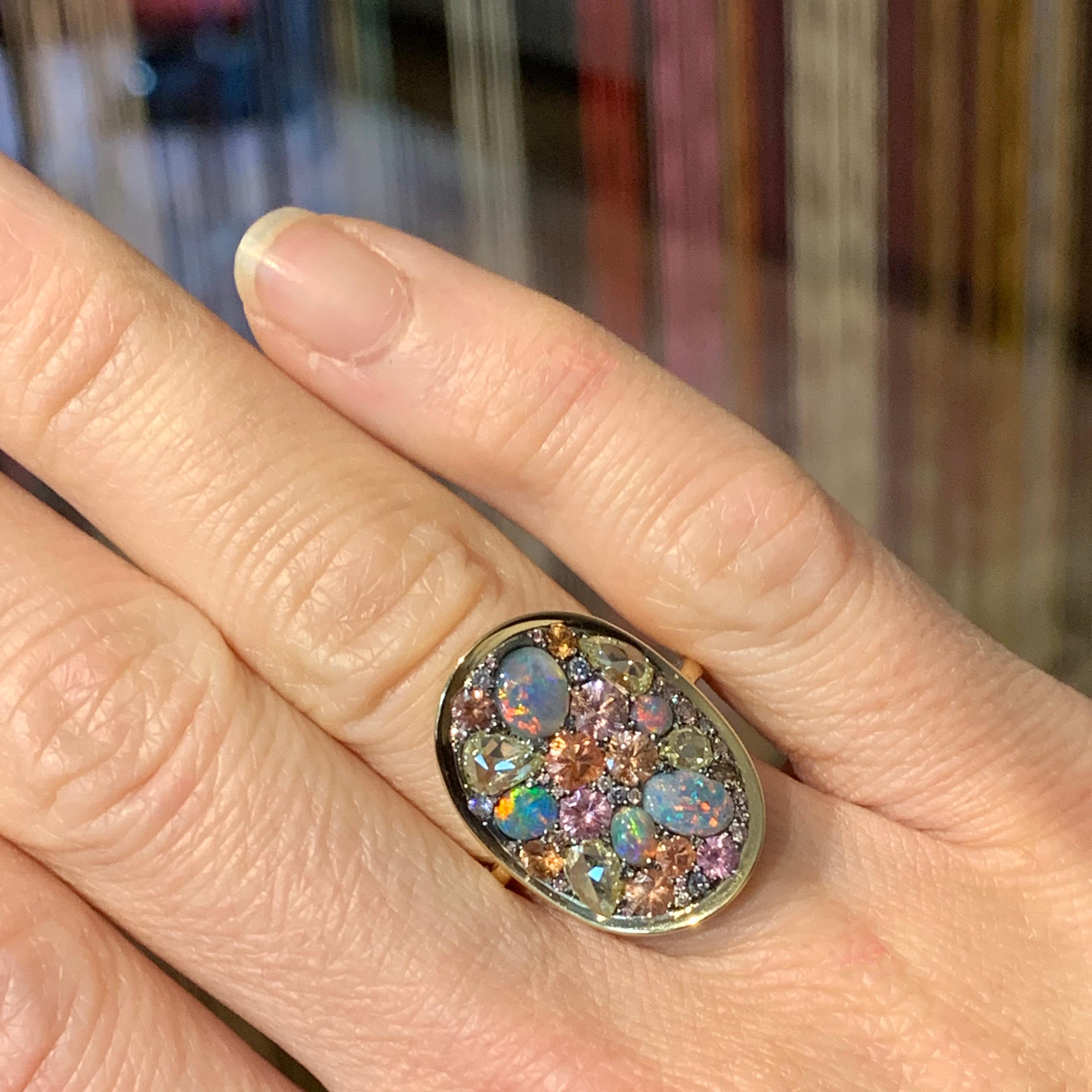 Padparadscha Sapphire Black Lightning Ridge Opal, Pink & Blue Diamond Pave Ring In New Condition In Antwerp, BE