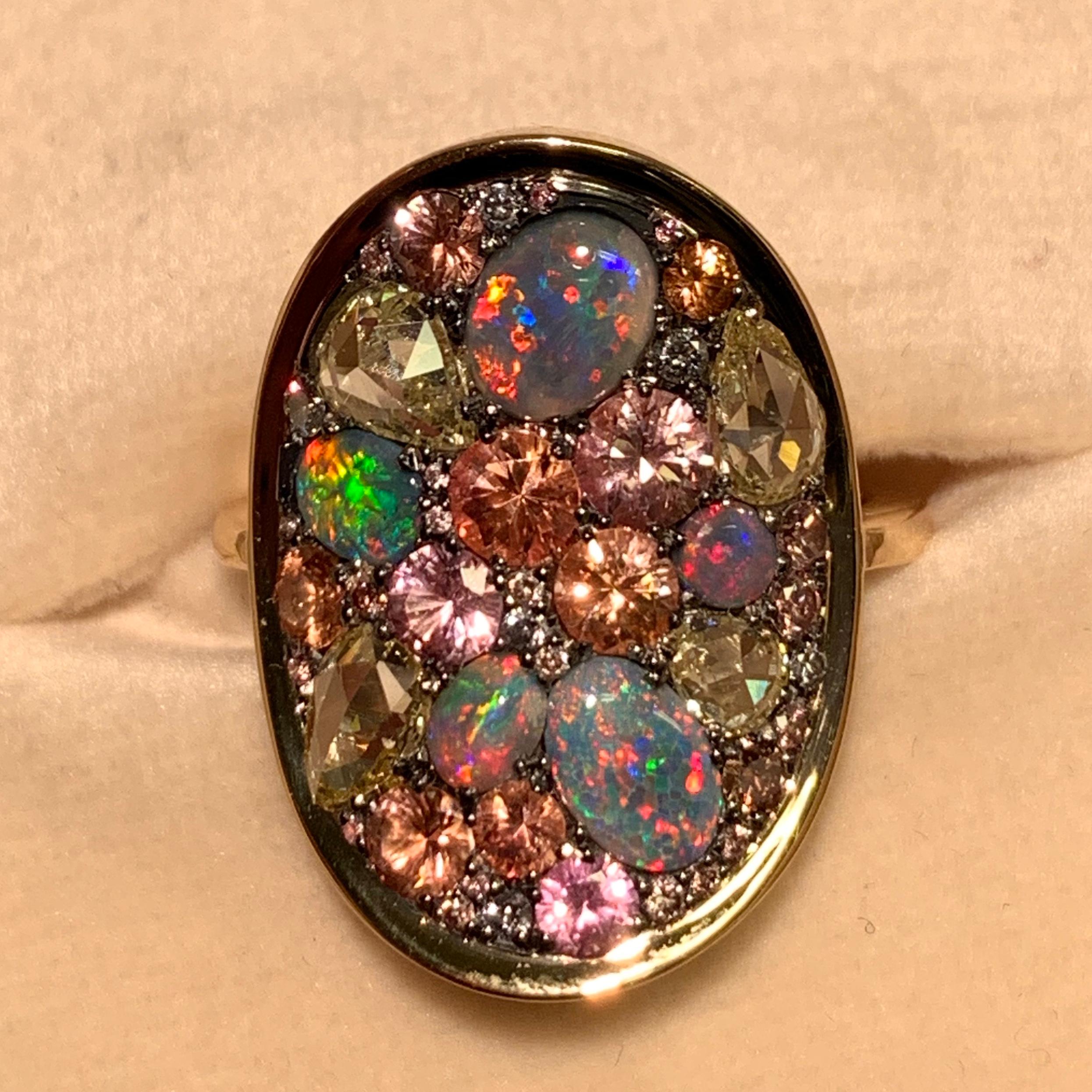 Padparadscha Sapphire Black Lightning Ridge Opal, Pink & Blue Diamond Pave Ring 2