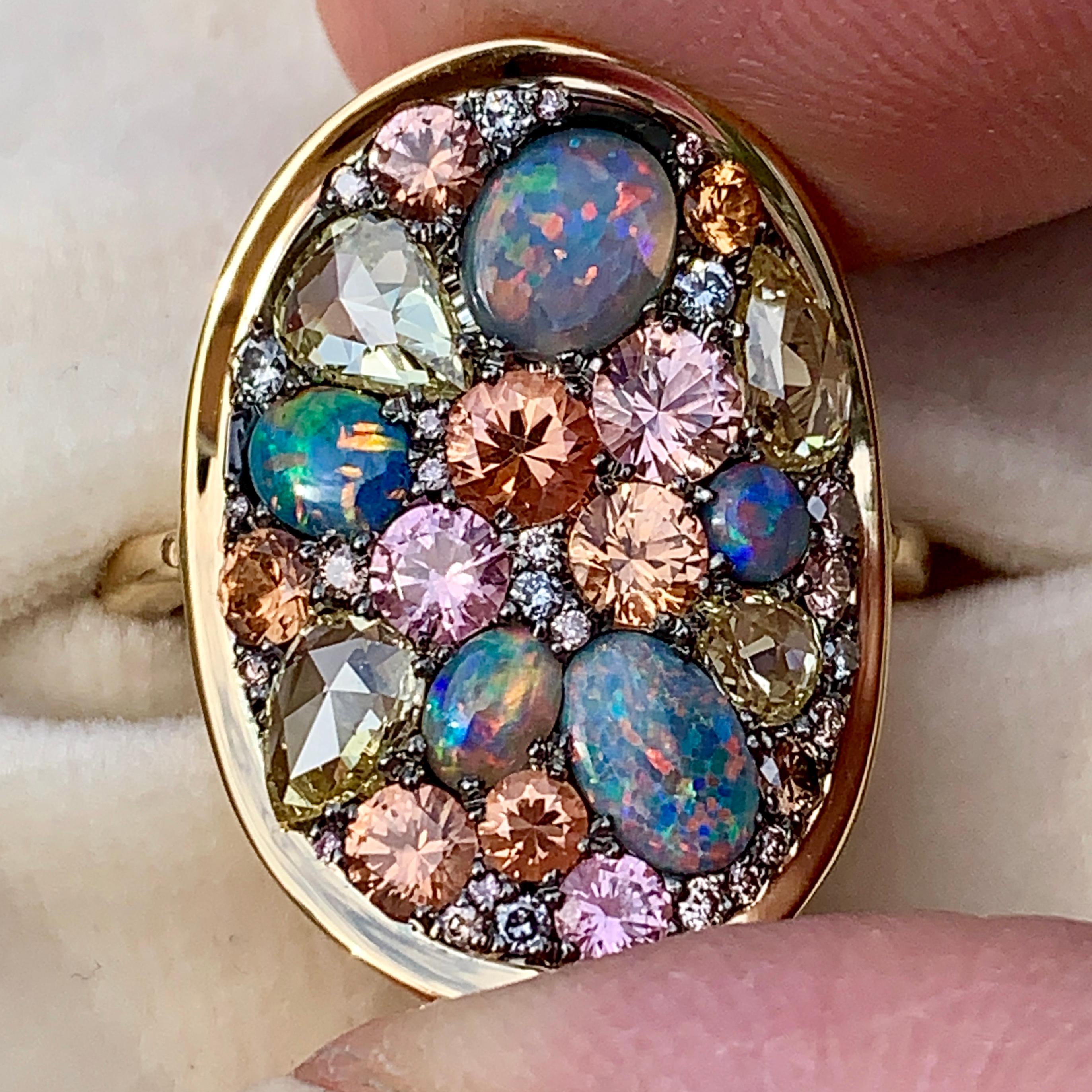 Padparadscha Sapphire Black Lightning Ridge Opal, Pink & Blue Diamond Pave Ring 3