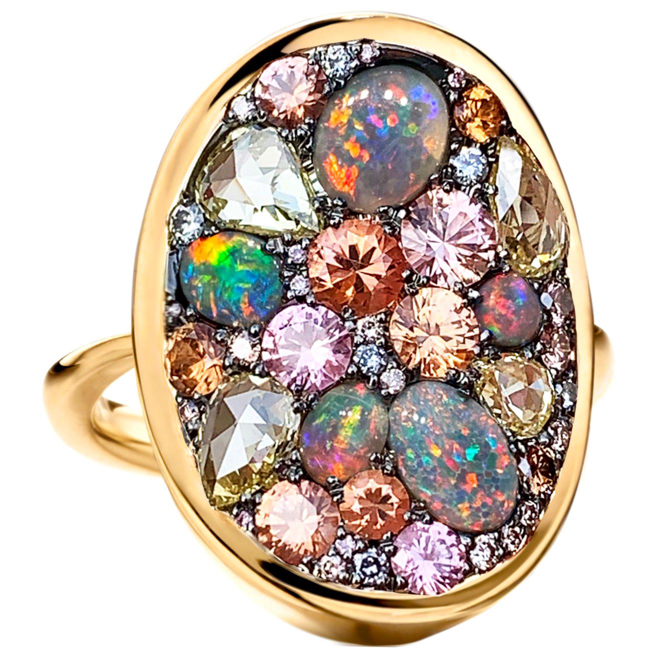 Padparadscha Sapphire Black Lightning Ridge Opal, Pink & Blue Diamond Pave Ring
