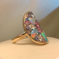 Padparadscha Sapphire, Black Opal, Blue Sapphire & Pink Diamond Pave Ring