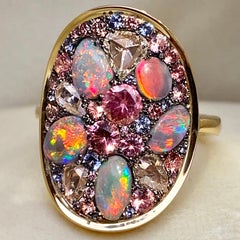 Padparadscha Sapphire, Black Opal, Blue Sapphire & Pink Diamond Pave Ring