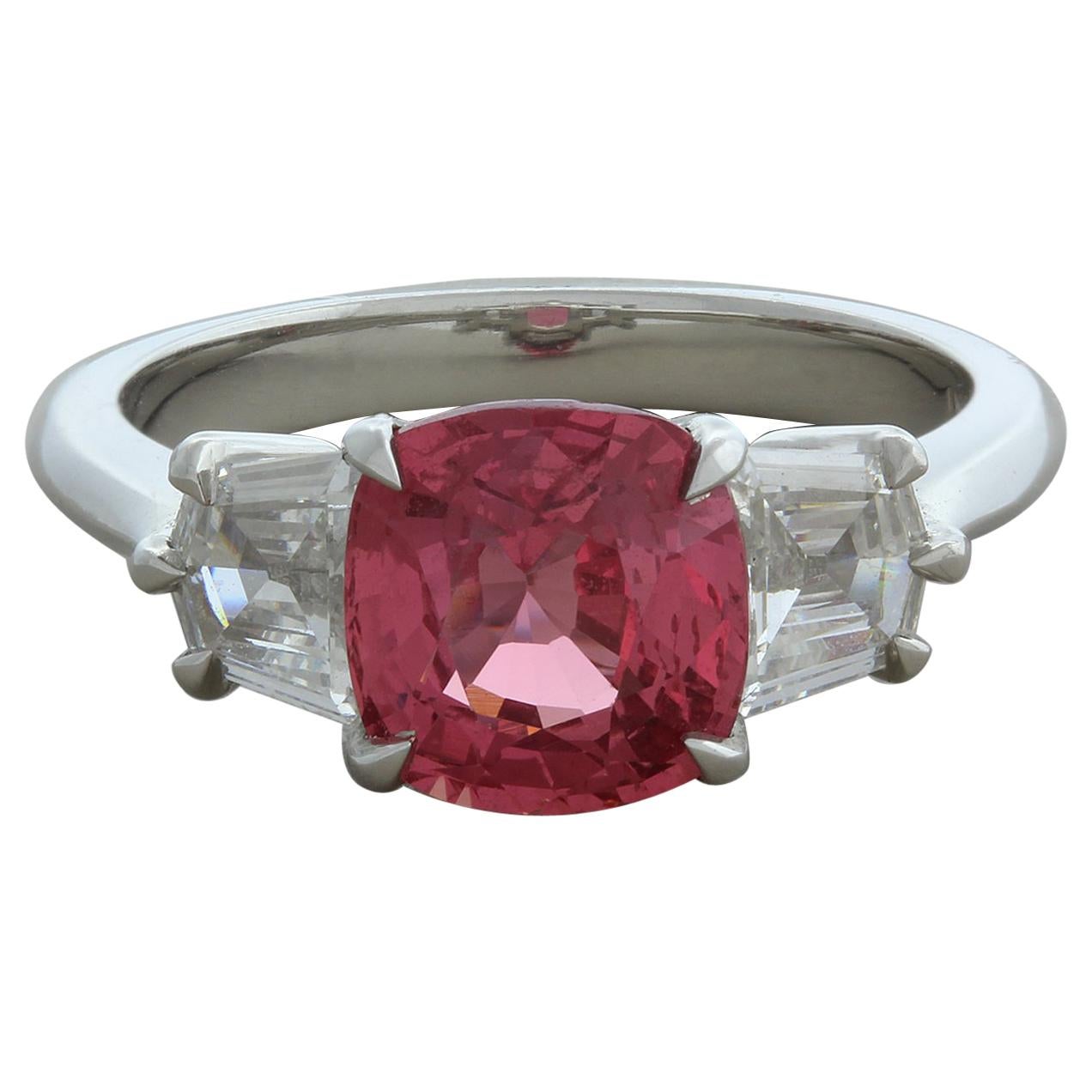 Padparadscha Sapphire Diamond 3-Stone Platinum Ring, GIA Certified For Sale