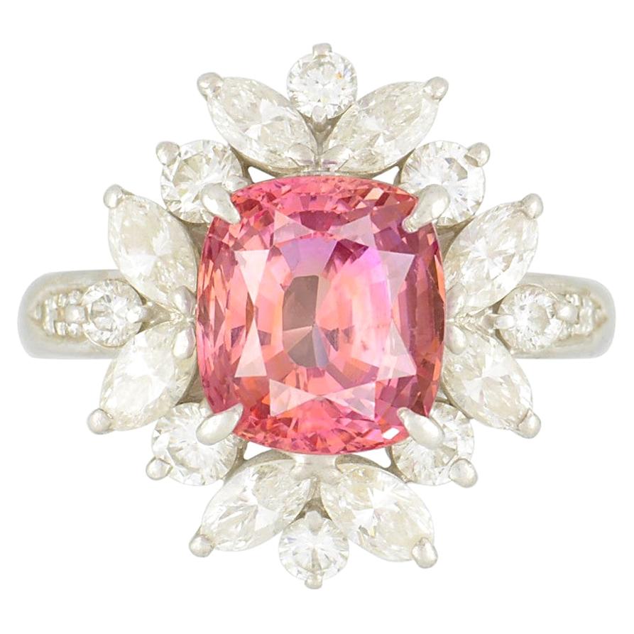 Padparadscha Sapphire Diamond Platinum Ring, GIA Certified For Sale