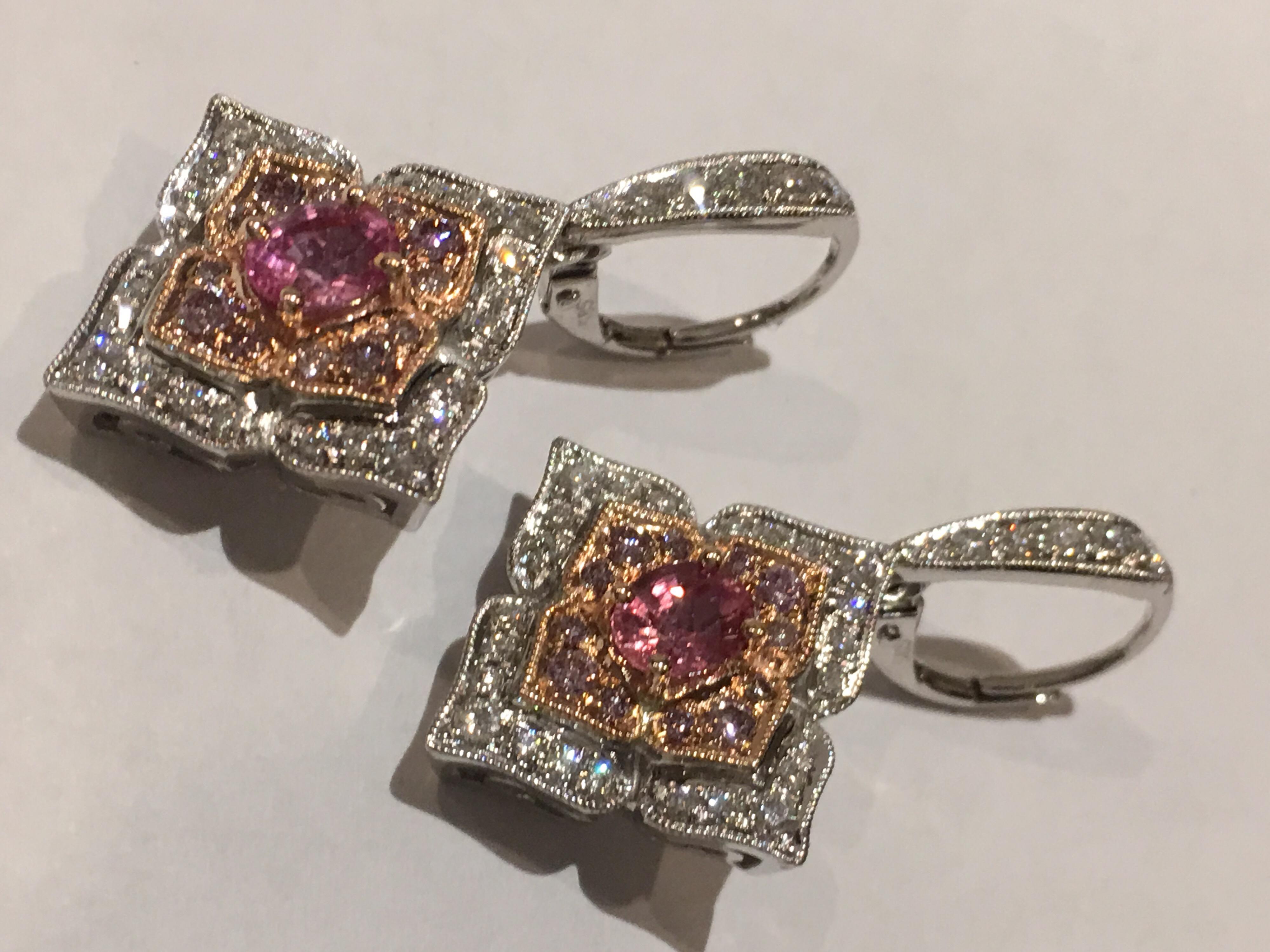 Padparadscha Sapphire Pink and White Diamonds Earrings Set in 14 Karat Gold 2