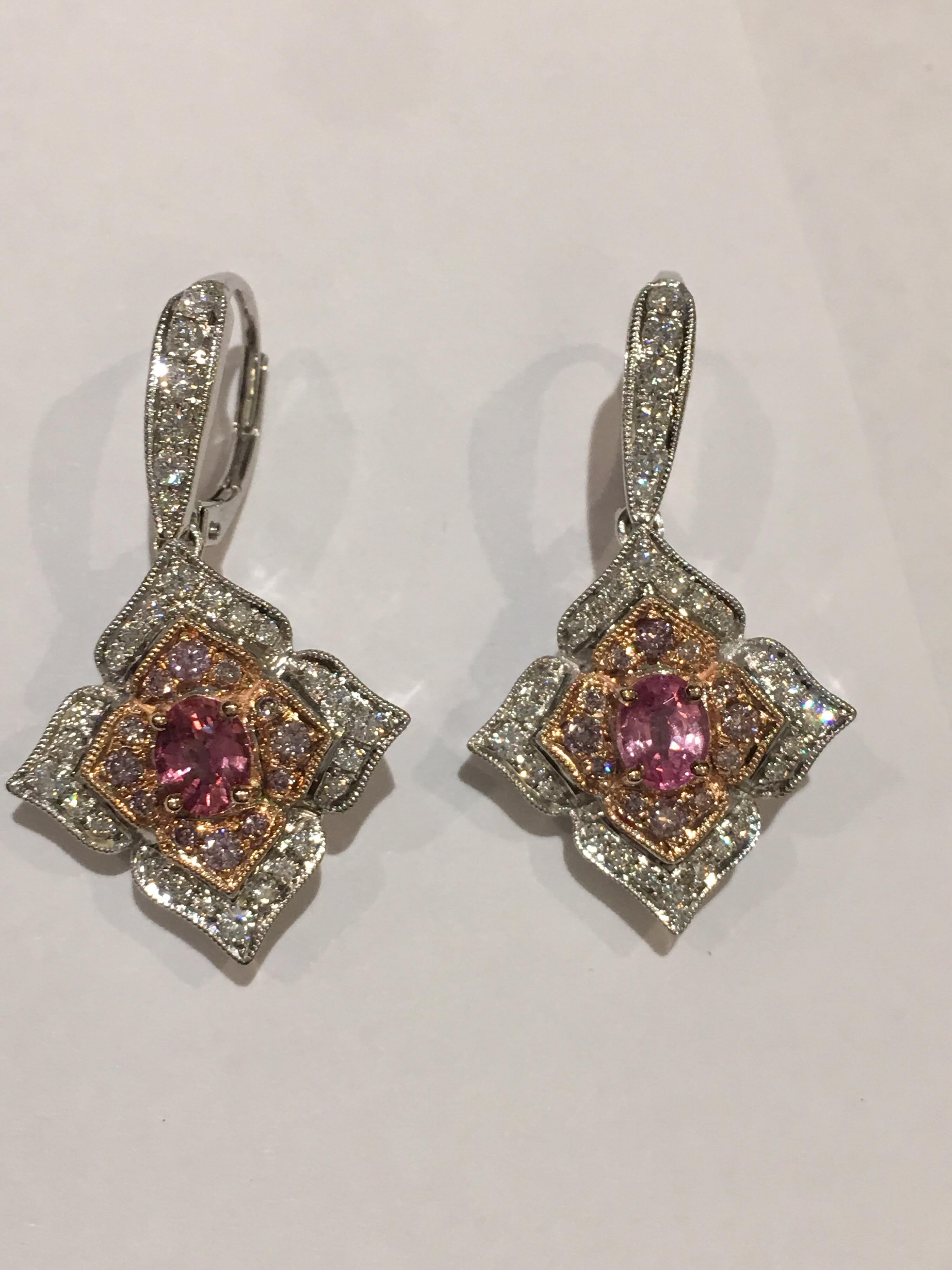 Artist Padparadscha Sapphire Pink and White Diamonds Earrings Set in 14 Karat Gold
