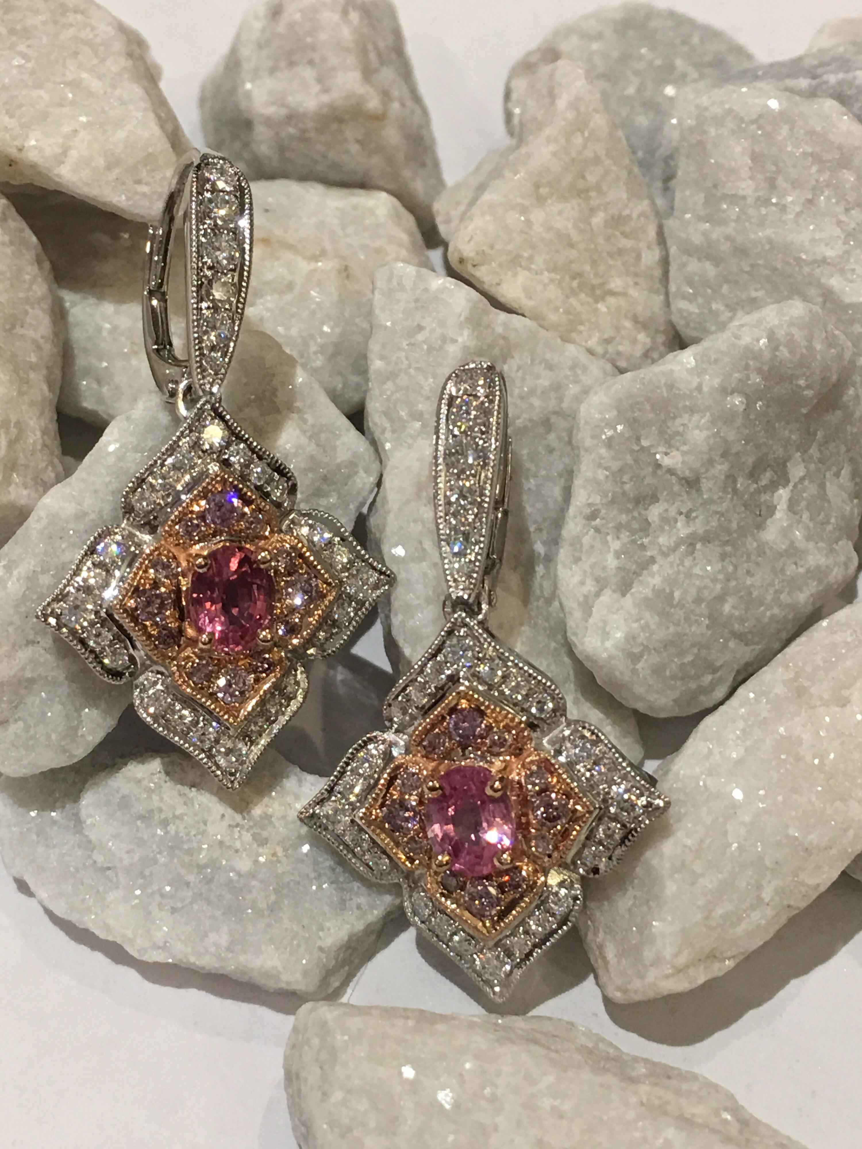 Oval Cut Padparadscha Sapphire Pink and White Diamonds Earrings Set in 14 Karat Gold