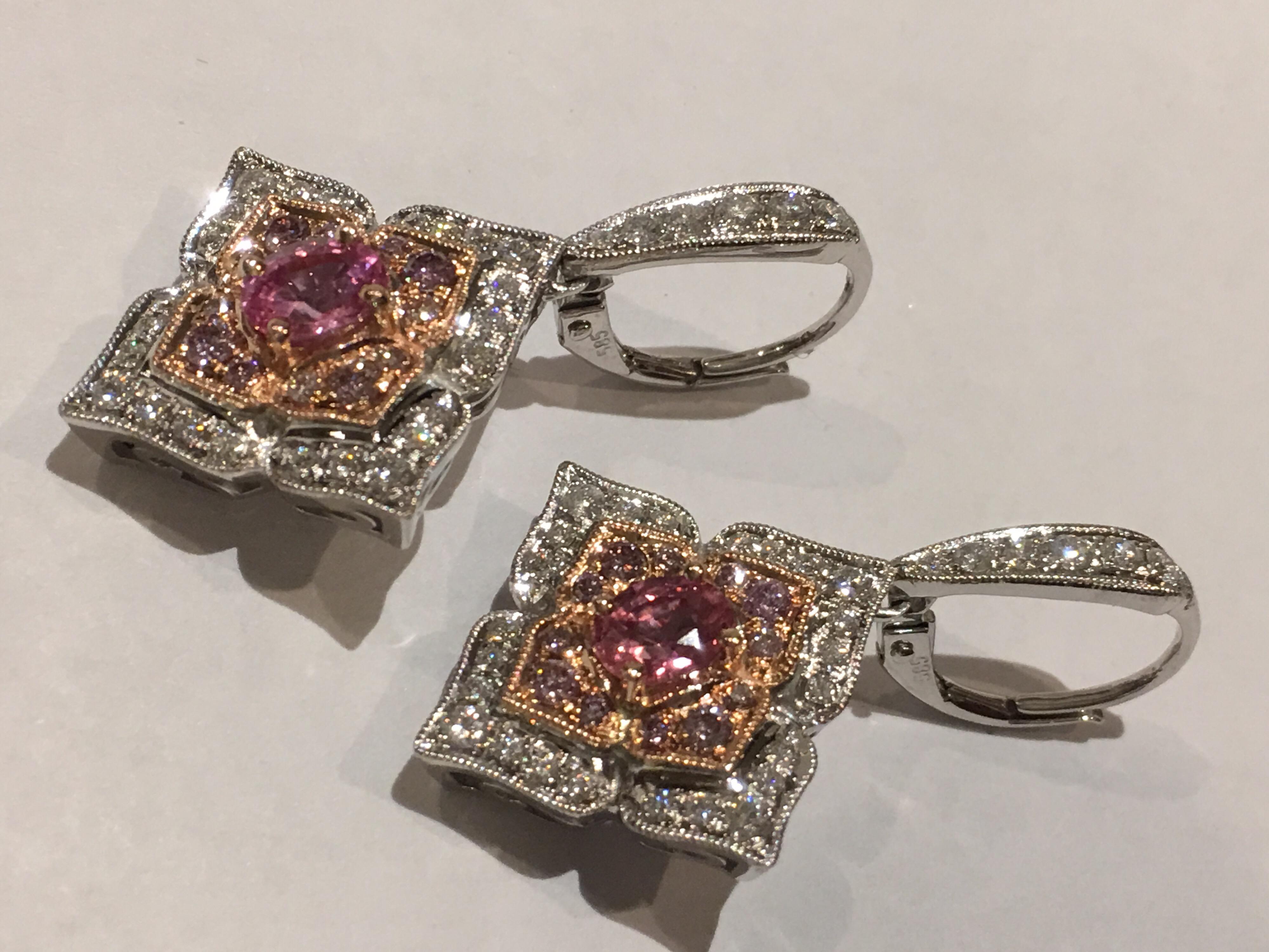 Padparadscha Sapphire Pink and White Diamonds Earrings Set in 14 Karat Gold 1