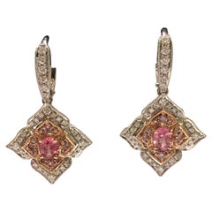 Padparadscha Sapphire Pink and White Diamonds Earrings Set in 14 Karat Gold