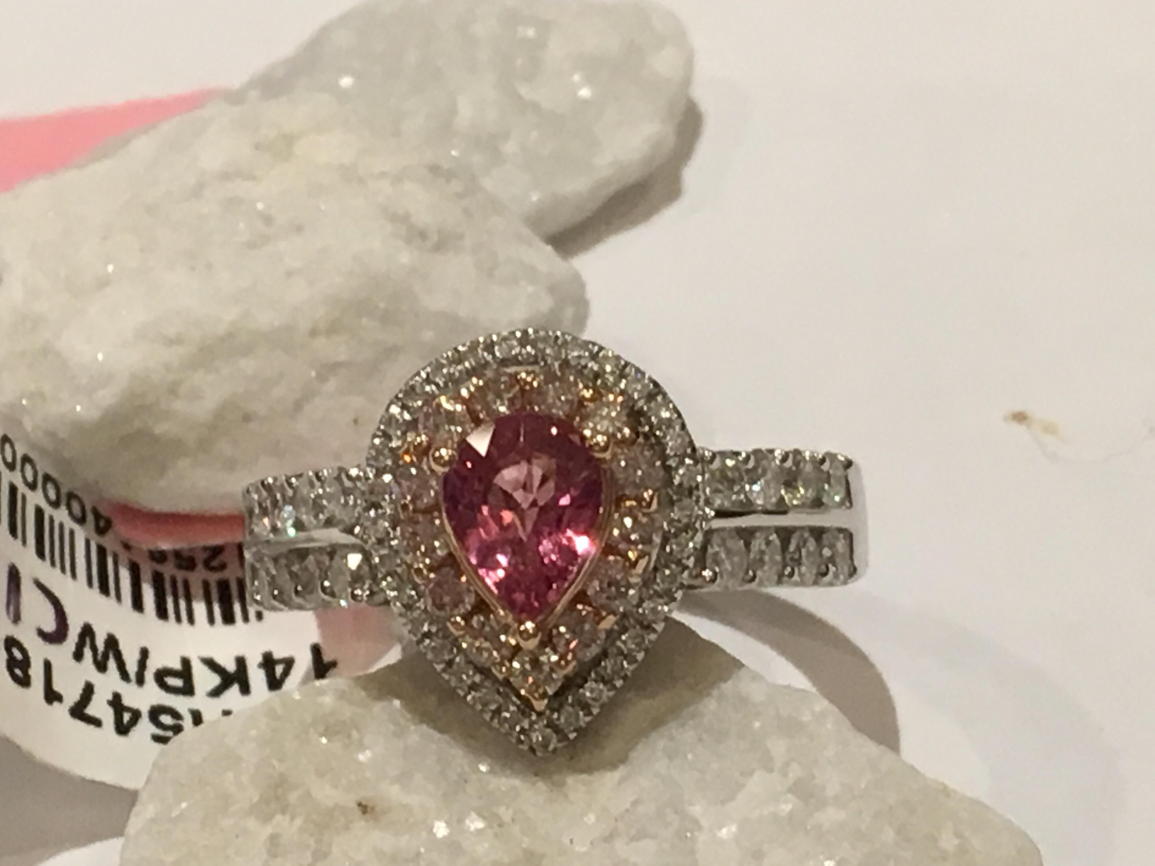 Artisan Padparadscha Sapphire Pink and White Diamonds Ring Set in 14 Karat Two-Tone Gold