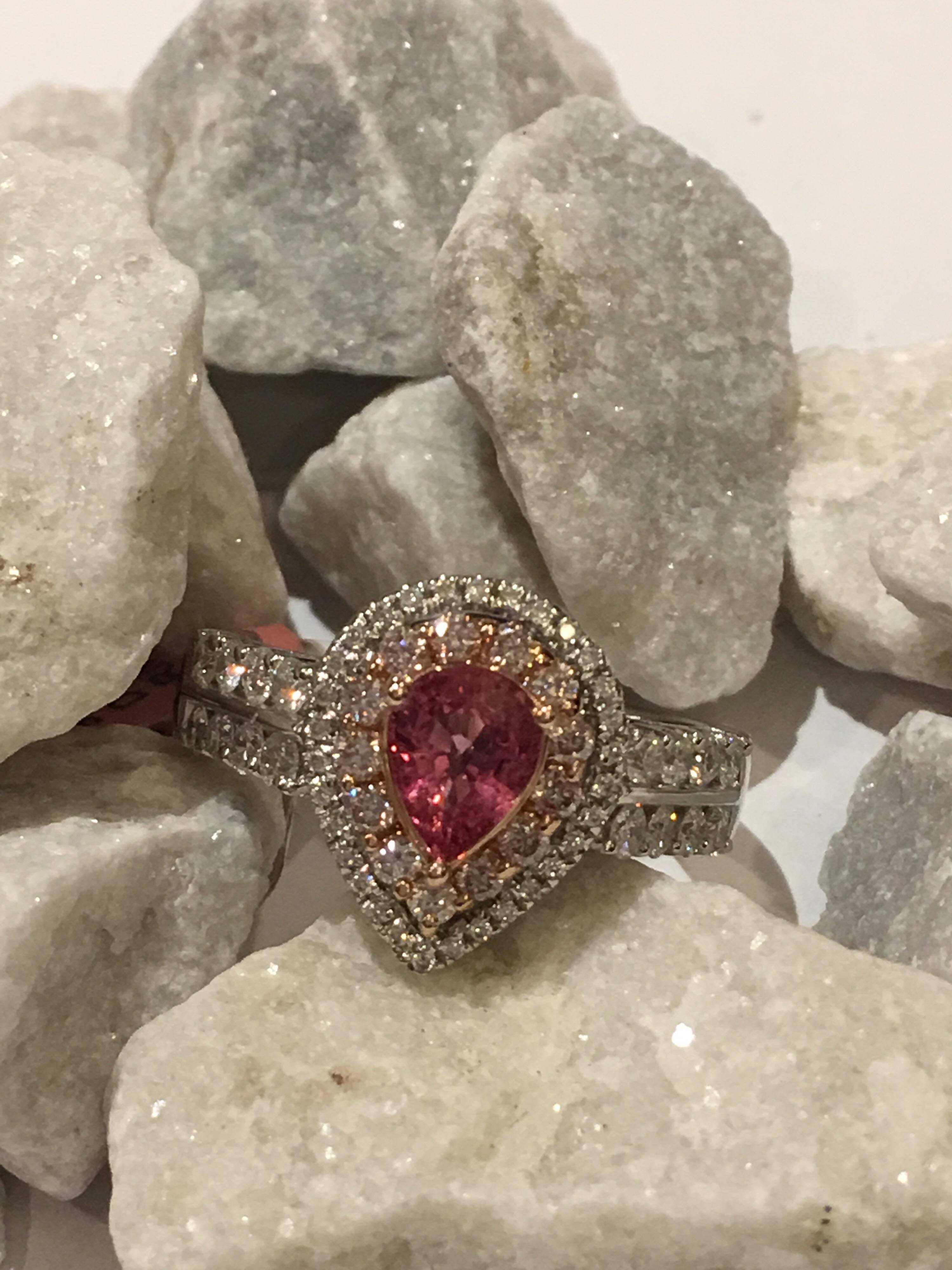 Pear Cut Padparadscha Sapphire Pink and White Diamonds Ring Set in 14 Karat Two-Tone Gold