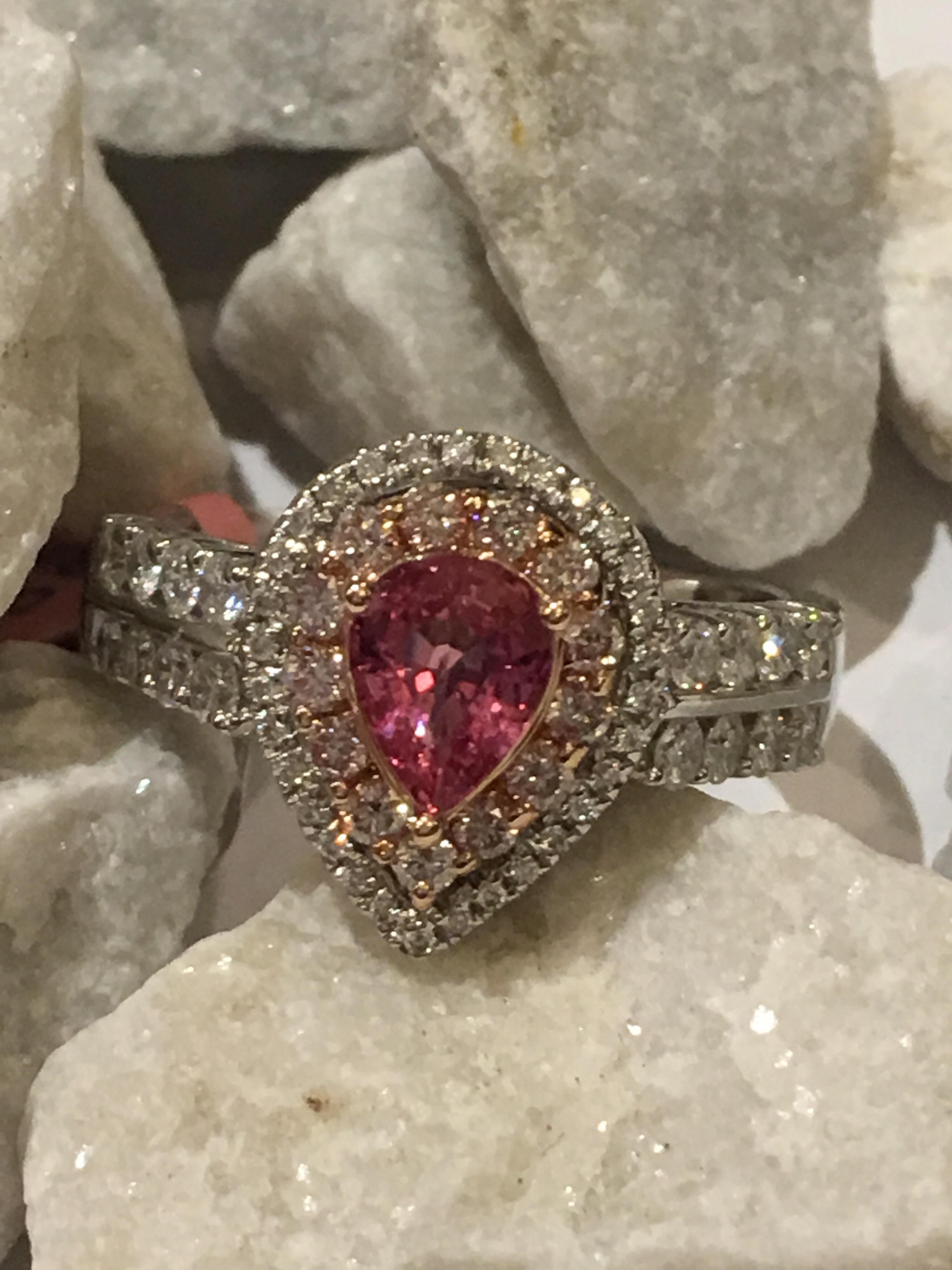 Padparadscha Sapphire Pink and White Diamonds Ring Set in 14 Karat Two-Tone Gold In New Condition In Trumbull, CT